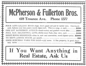 1909 advertisement for McPherson & Fullerton Bros., 618 Trounce Avenue (now Trounce Alley). Thomas Shanks McPherson was involved in building the Central Building and the McPherson Playhouse. (Victoria Online Sightseeing Tours collection)