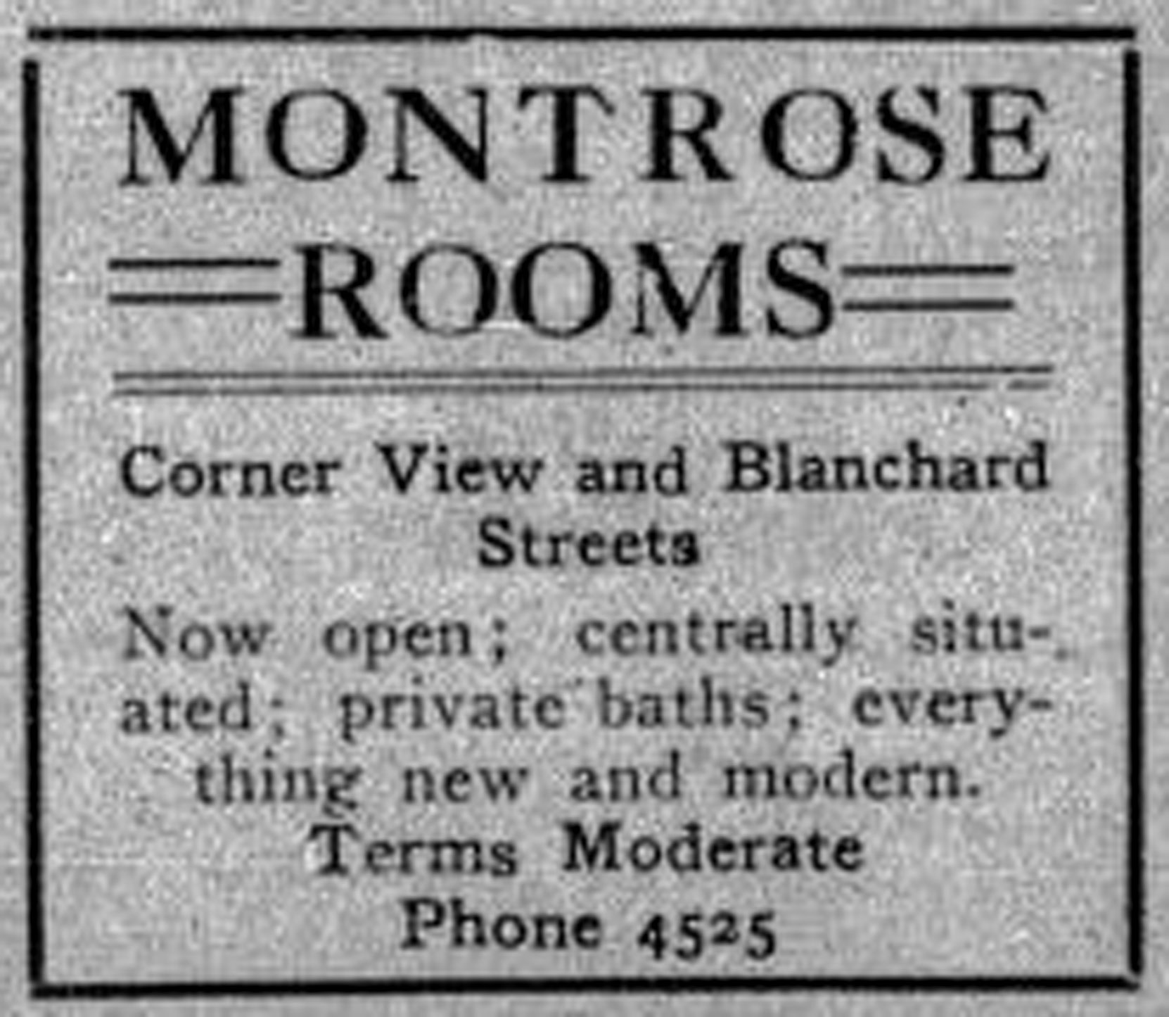 1913 advertisement for Montrose Rooms, corner View and Blanchard Streets. The Montrose Rooms, now known as the Montrose Apartments, is still standing at 1114-1126 Blanshard Street (Victoria Online Sightseeing Tours collection)