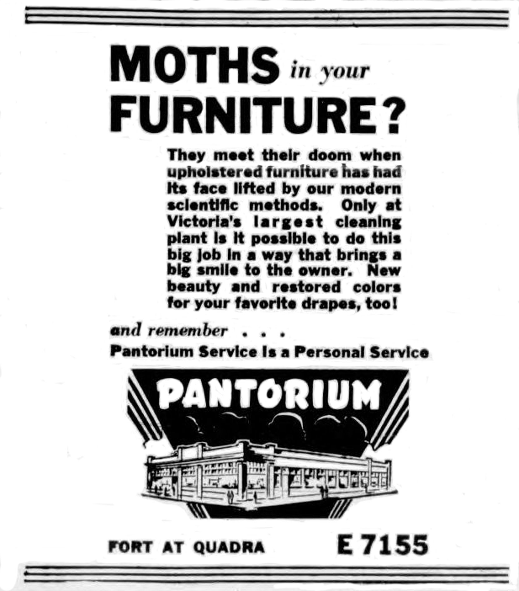 1946 advertisement for the Pantorium, 905 Fort Street. Note the drawing of the building in the advertisement. (Photo: Victoria Online Sightseeing Tours collection)
