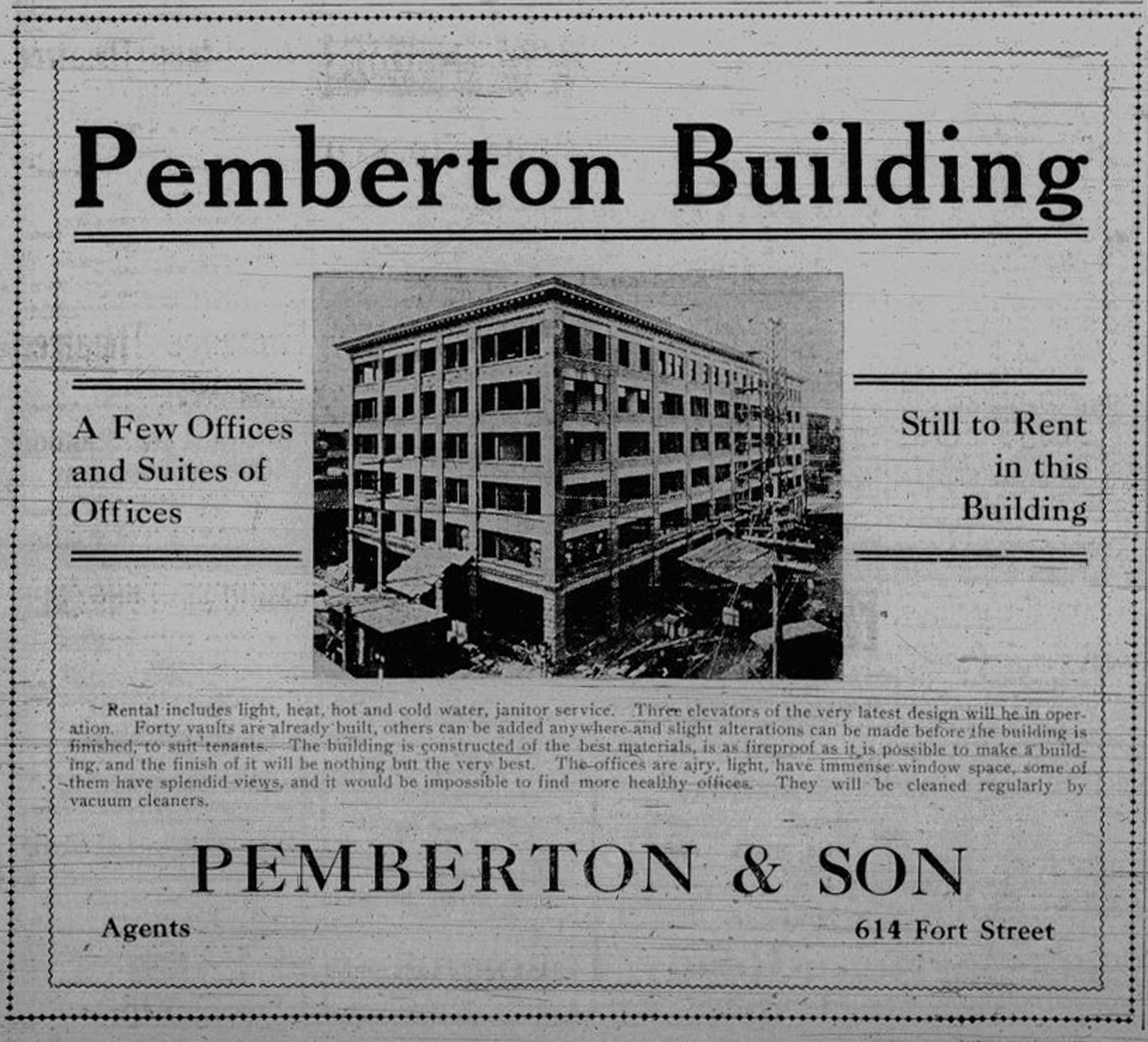 1910 advertisement showing the Pemberton Building (now the Yarrow Building) under construction. This view is looking northwest from the corner of Broad Street and Broughton Street (Victoria Online Sightseeing Tours collection)