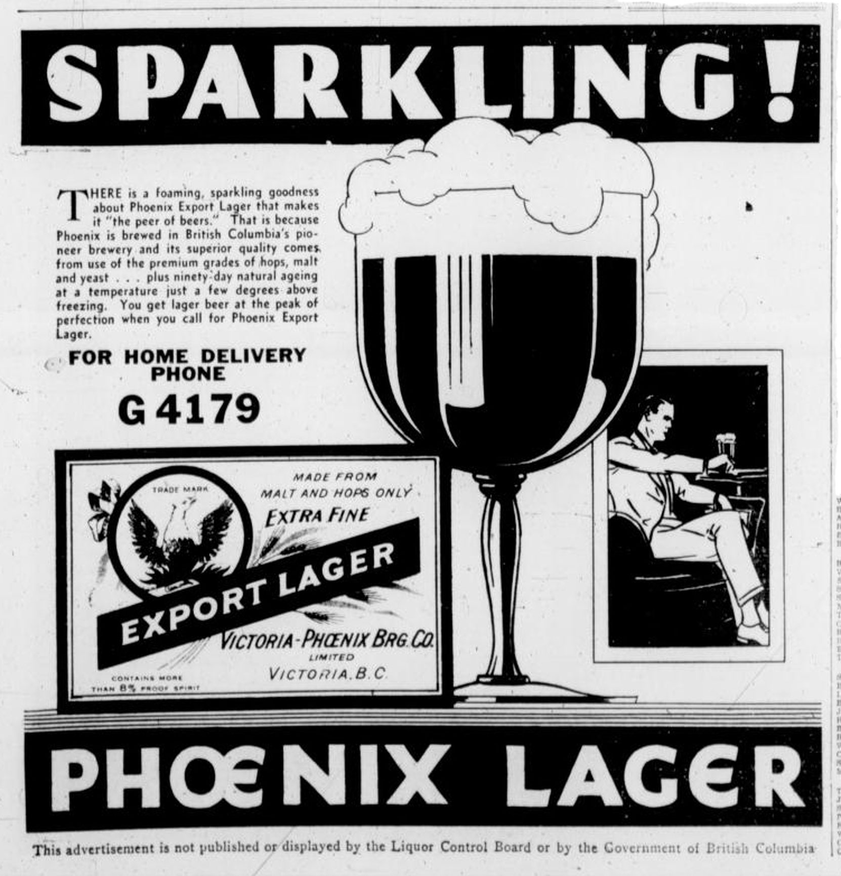 1939 advertisement for Phoenix Lager, brewed by the Victoria Phoenix brewing Company at 1921 Government Street (Victoria Online Sightseeing Tours collection)