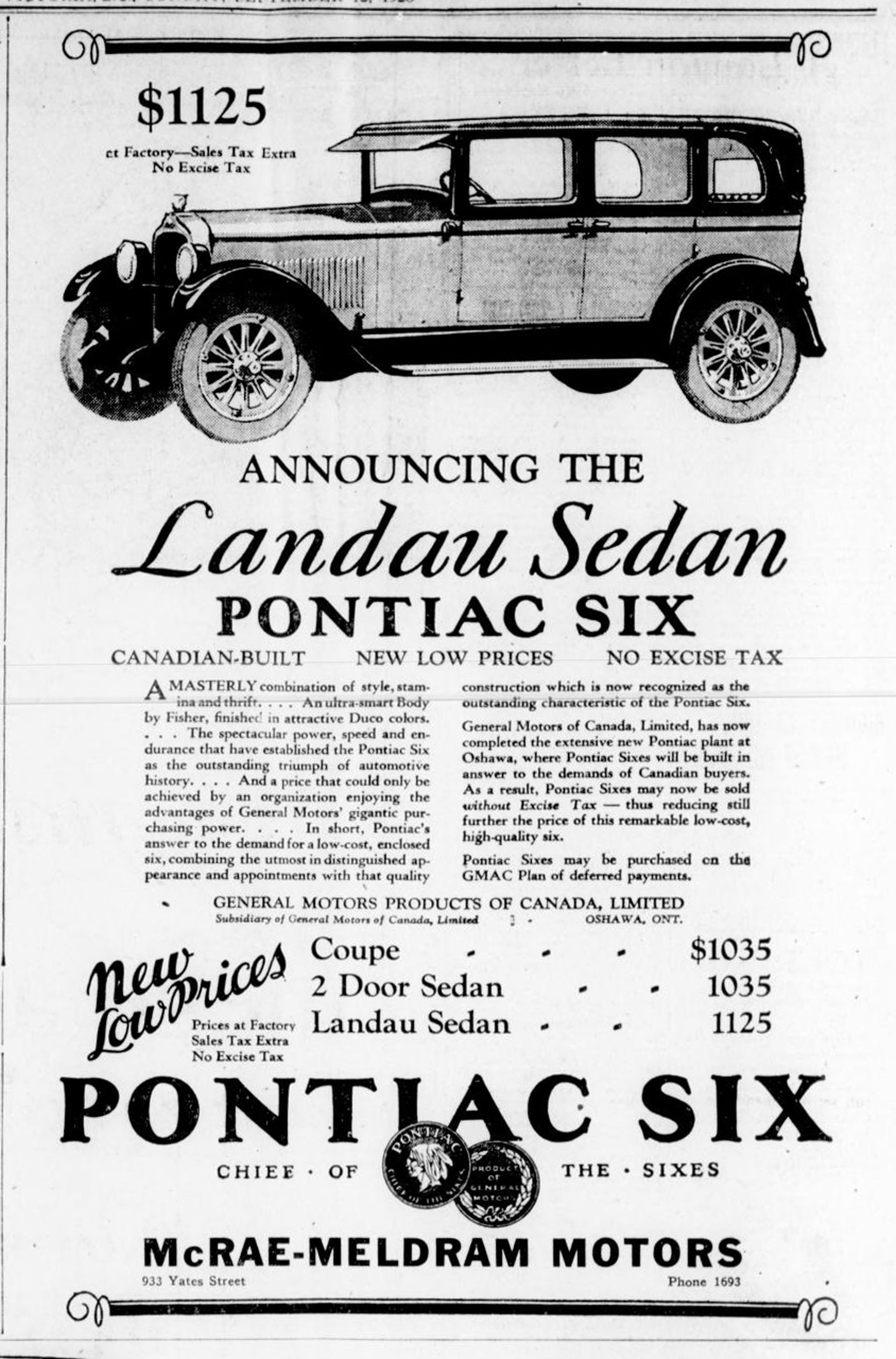 1926 advertisement for Pontiac Six automobiles, placed by McRae-Meldrum Motors, 933 Yates Street. (Victoria Online Sightseeing Tours collection)