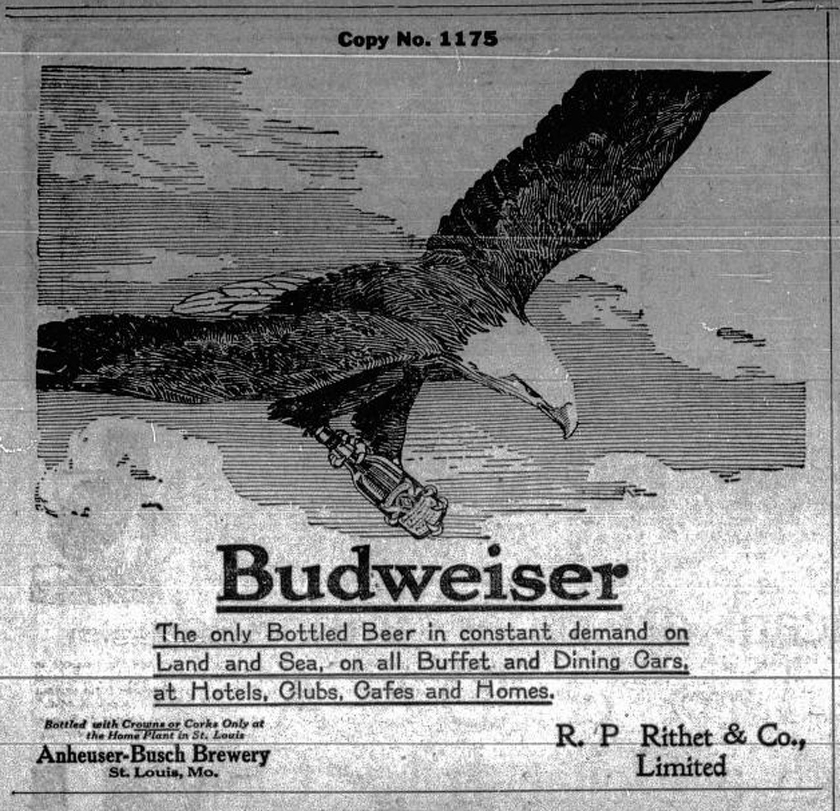1913 advertisement Budweiser beer, distributed in Victoria by R.P. Rithet & Co., Wharf Street (Victoria Online Sightseeing Tours collection)