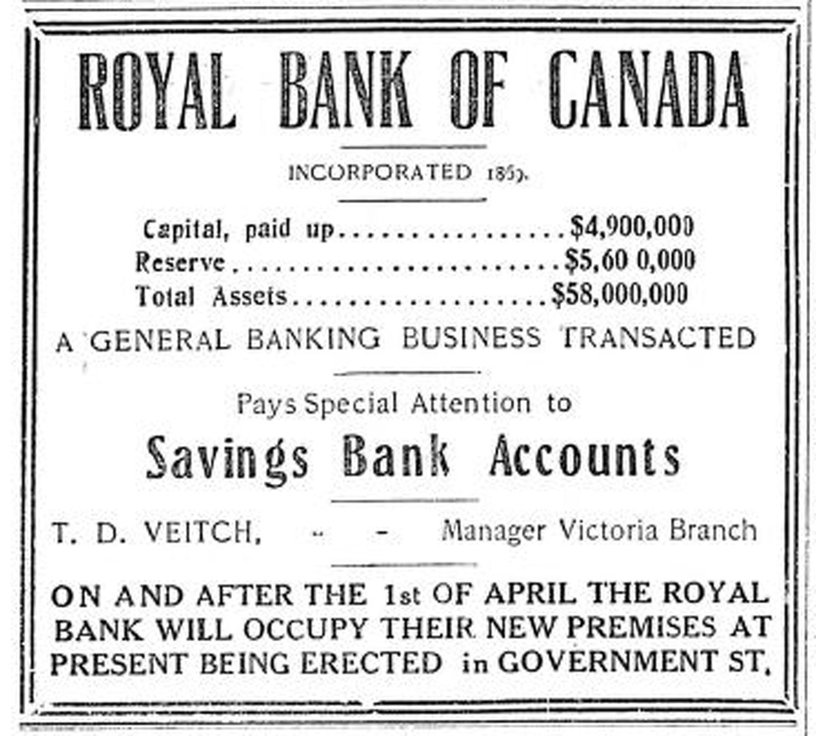 1909 advertisement for Royal Bank of Canada, Victoria Branch. The "New Premises At Present Being Erected In Government Street" is 1108 Government Street. (Victoria Online Sightseeing collection)