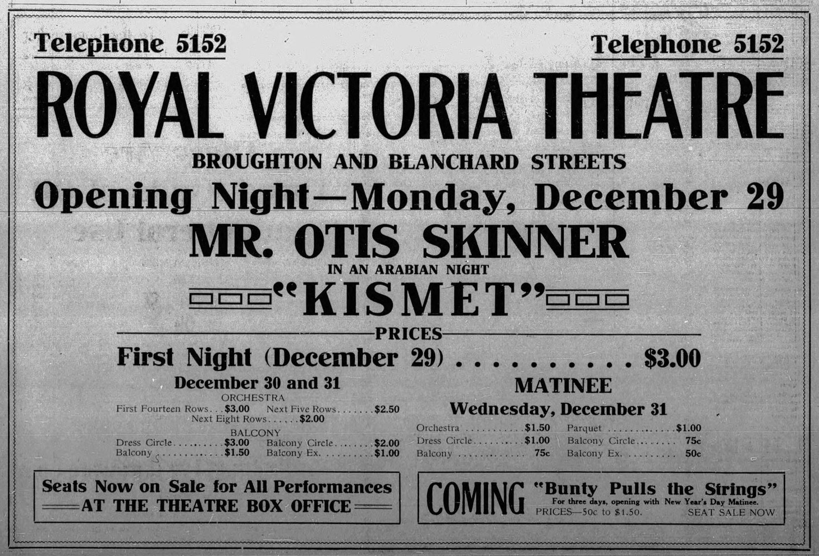 December 1913 advertisement for the opening night of the Royal Victoria Theatre (now the Royal Theatre), 29 December 1913 (Victoria Online Sightseeing Tours collection)