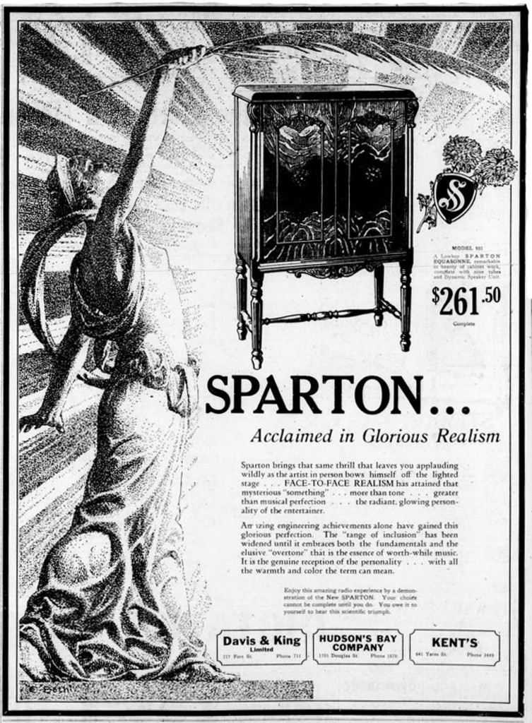 1929 advertisement for Sparton Radios, sold at the Hudson's Bay Company and at Kent's, 642 Yates Street, (Victoria Online Sightseeing Tours collection)