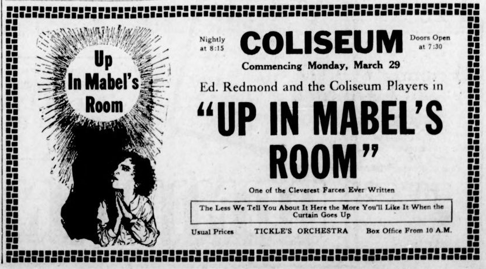 1926 advertisement for the Coliseum Theatre (originally the Kinemacolor Theatre), 1600 Government Street. This advertisement is for a live theatre production of Up In Mabel's Room. (Victoria Online Sightseeing Tours collection)