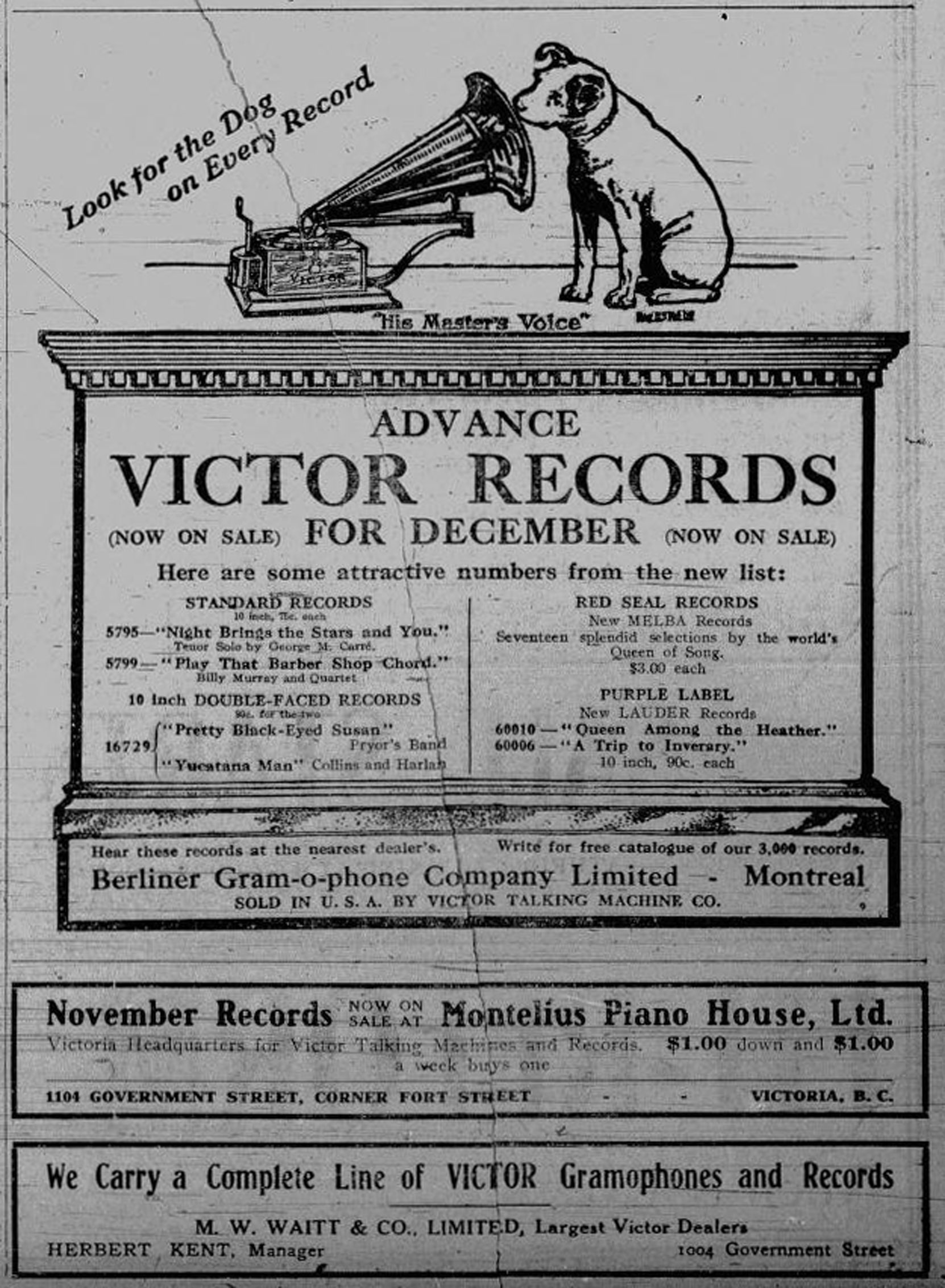 1910 advertisement for Victor Records, sold at 1004 Government Street and 1102 Government Street (Victoria Online Sightseeing Tours collection)