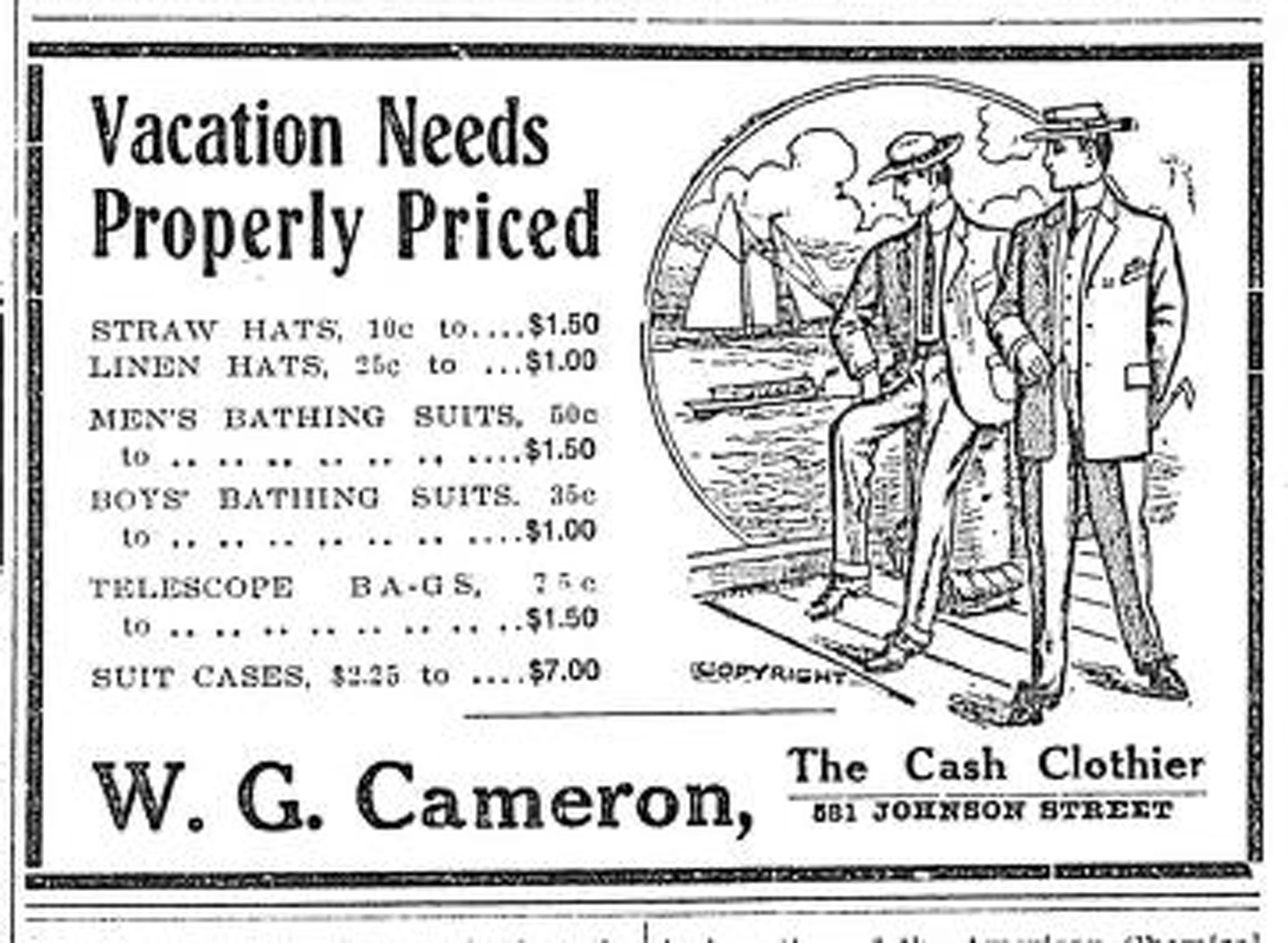 1909 advertisement for W.G. Cameron, 581 Johnson Street, (Victoria Online Sightseeing Tours collection)