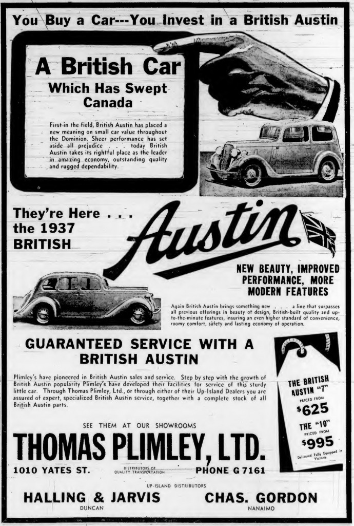 1937 advertisement for Austin cars, by Thomas Plimley Ltd., 1010 Yates Street (Victoria Online Sightseeing Tours collection)
