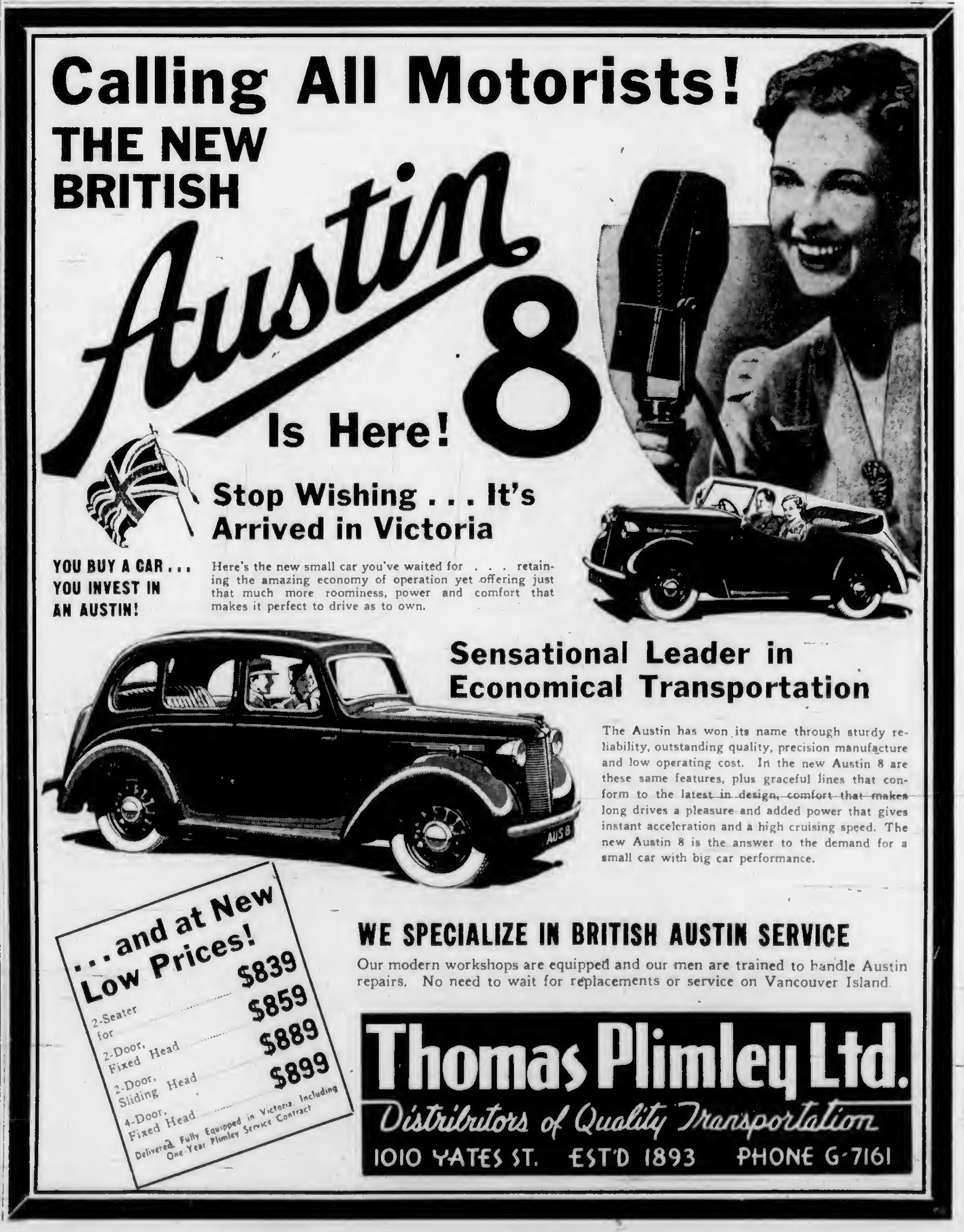 1939 advertisement for Austin 8 cars, by Thomas Plimley Ltd., 1010 Yates Street (Victoria Online Sightseeing Tours collection)