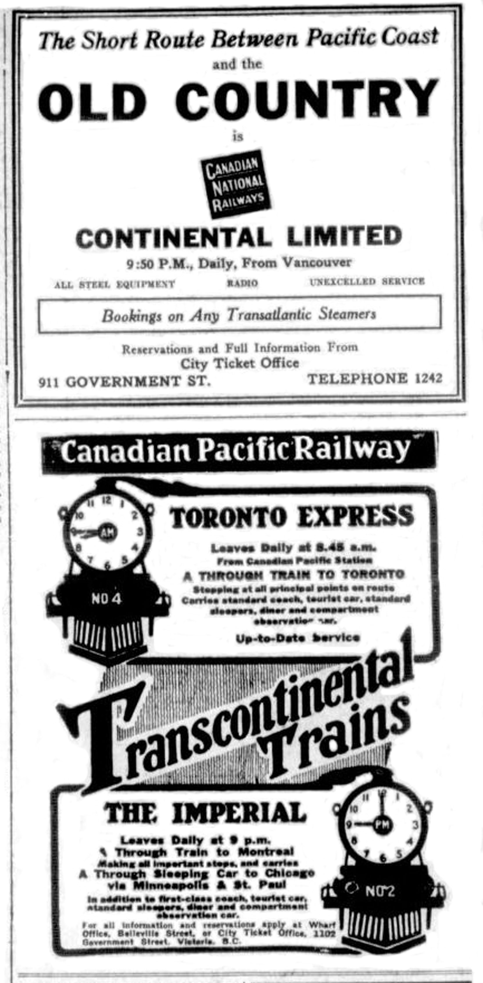 1925 advertisements for the Canadian National Railway (top), ticket office 911 Government Street, and the Canadian Pacific Railway (bottom) and its Victoria ticket office at 1102 Government Street (Victoria Online Sightseeing Tours collection)