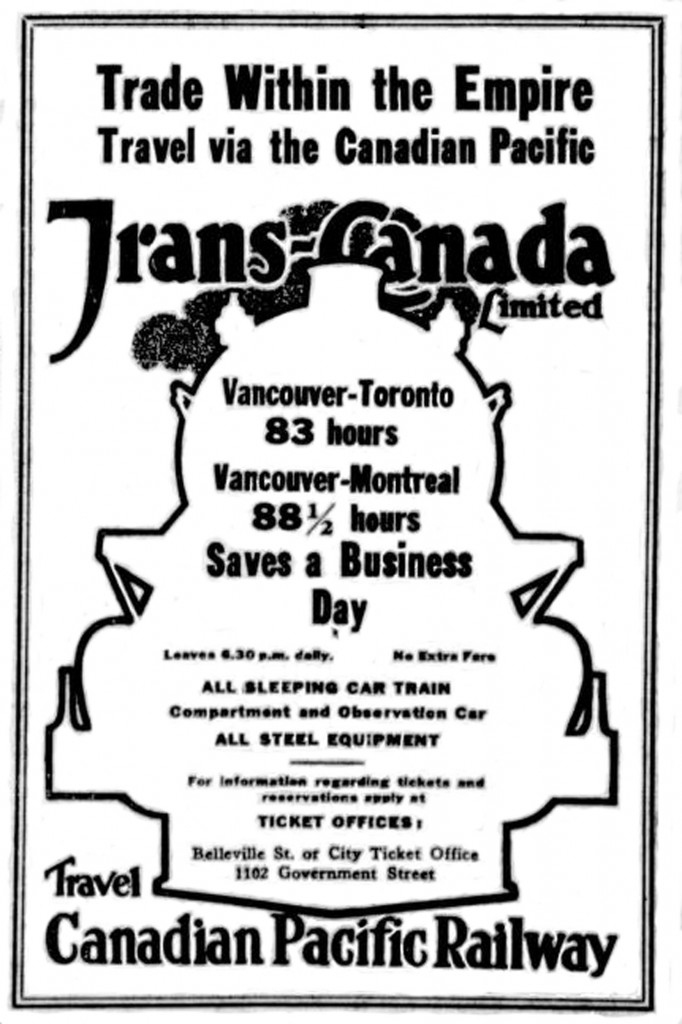 1926 advertisement for the Canadian Pacific Railway and its Victoria ticket office at 1102 Government Street (Victoria Online Sightseeing Tours collection)