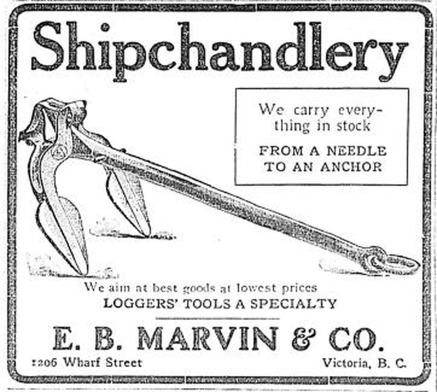 1909 advertisement for E.B. Marvin & Co., Ship Chandlers, 1206 Wharf Street. (Victoria Online Sightseeing Tours collection)
