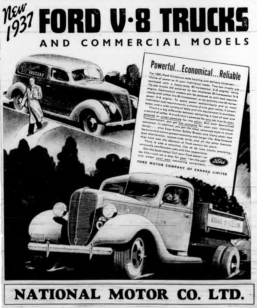 1937 advertisement for Ford V-8 trucks, sold at National Motor Co., which was at 819 Yates Street. (Victoria Online Sightseeing Tours collection)