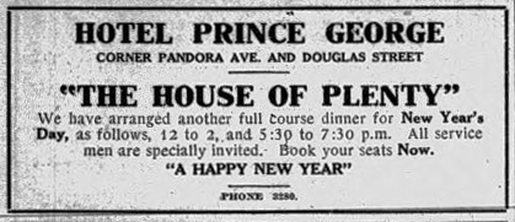1915 advertisement for the Hotel Prince George, now the Rialto Hotel, 1450 Douglas Street. (Victoria Online Sightseeing Tours collection)