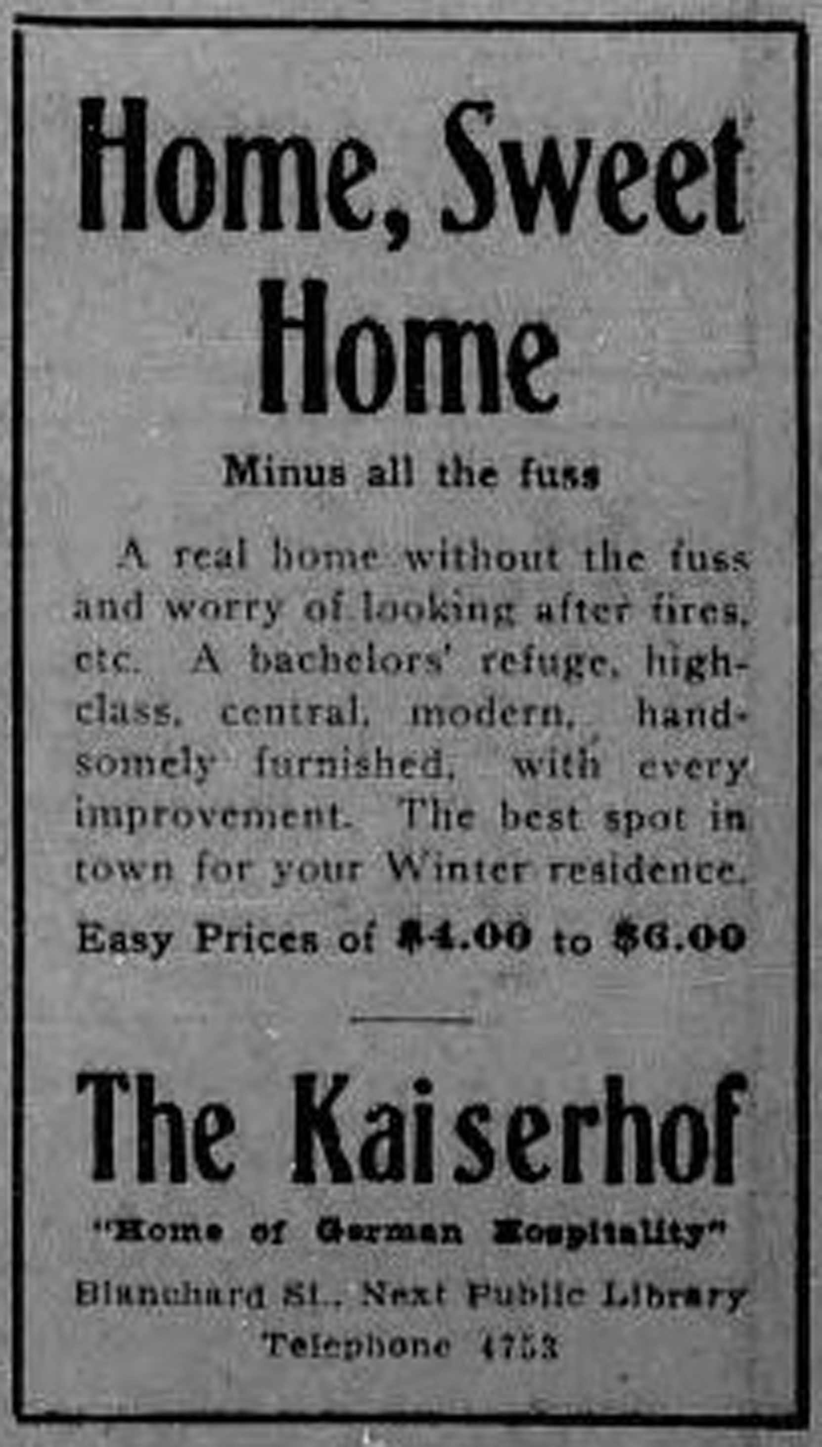 1913 advertisement for The Kaiserhof, 1320-1322 Blanshard Street. Notice the "bachelors' refuge", indicating the market The Kaiserhof was trying to attract. (Victoria Online Sightseeing Tours collection)