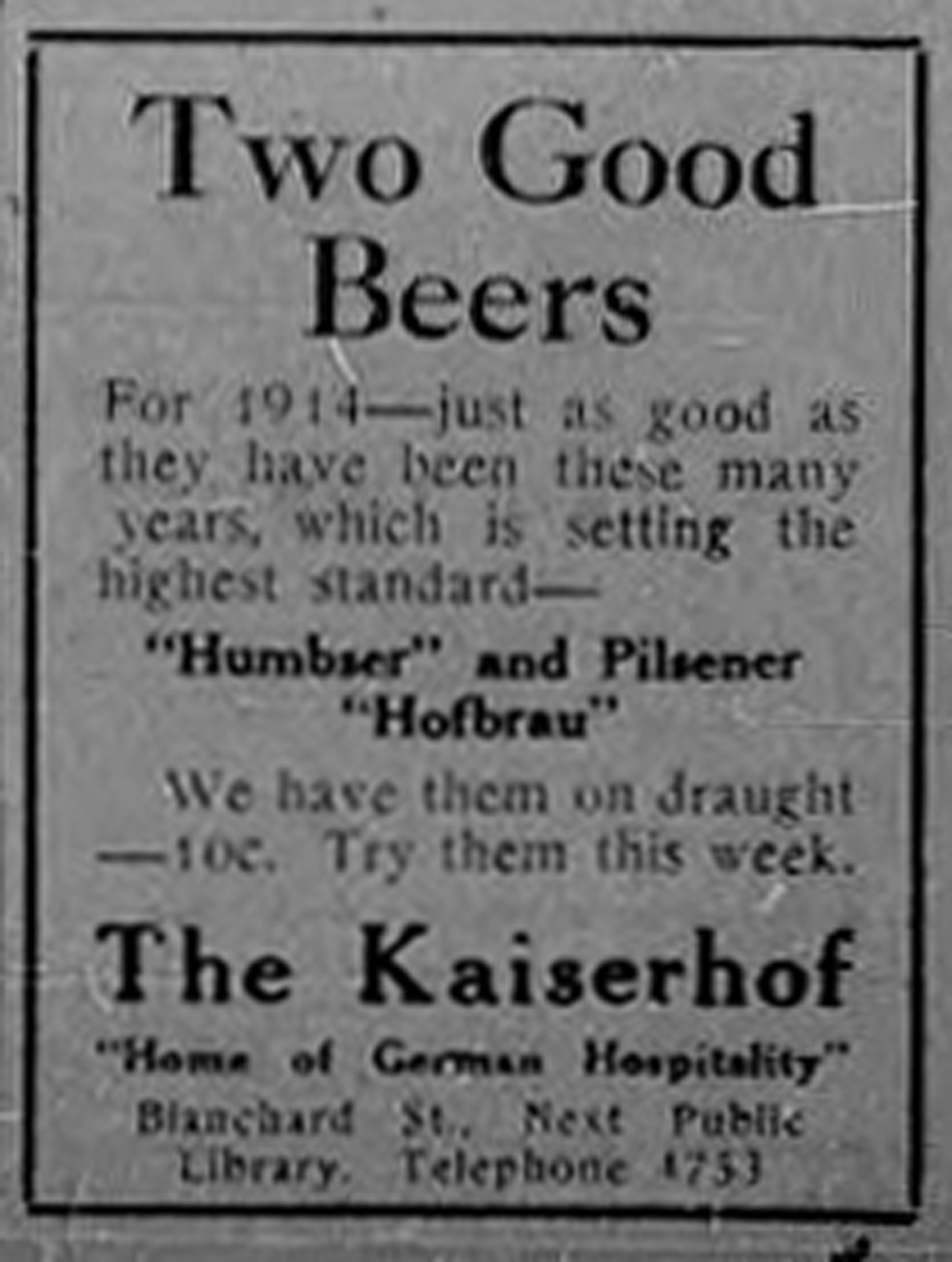 1913 advertisement for The Kaiserhof "Home of German Hospitality", 1320-1322 Blanshard Street. (Victoria Online Sightseeing Tours collection)