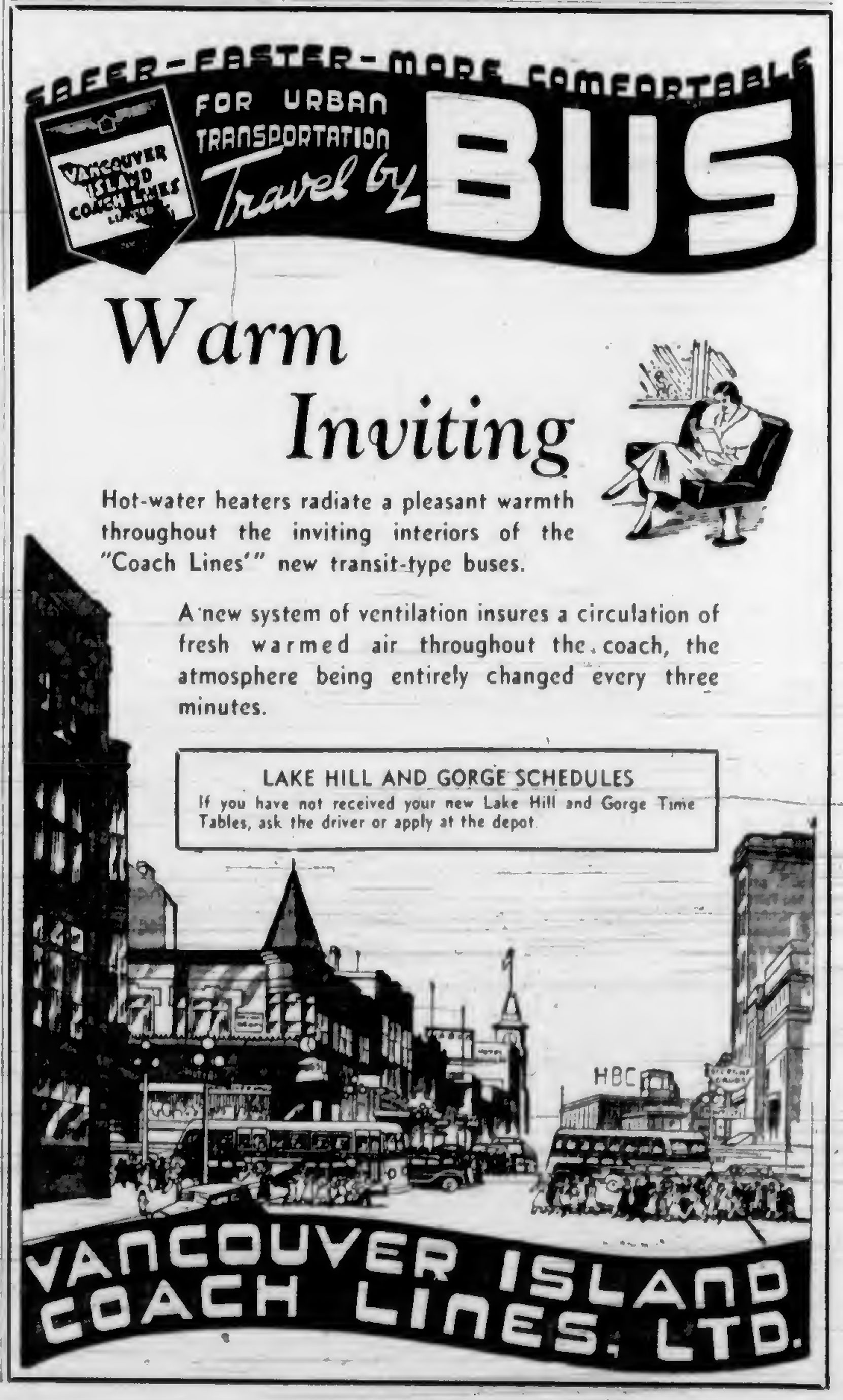 1937 advertisement for Vancouver Island Coach Lines, featuring a drawing of Douglas Street looking north from Yates Street. (Victoria Online Sightseeing Tours collection)