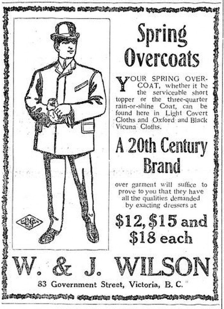 1907 advertisement for W. & J. Wilson, 89 Government Street, which is now 1221 Government Street (Victoria Online Sightseeing Tours collection)