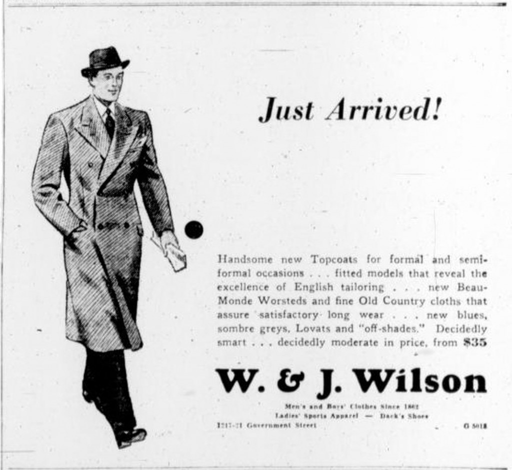 1939 advertisement for W. & J. Wilson, 1221 Government Street (Victoria Online Sightseeing Tours collection)
