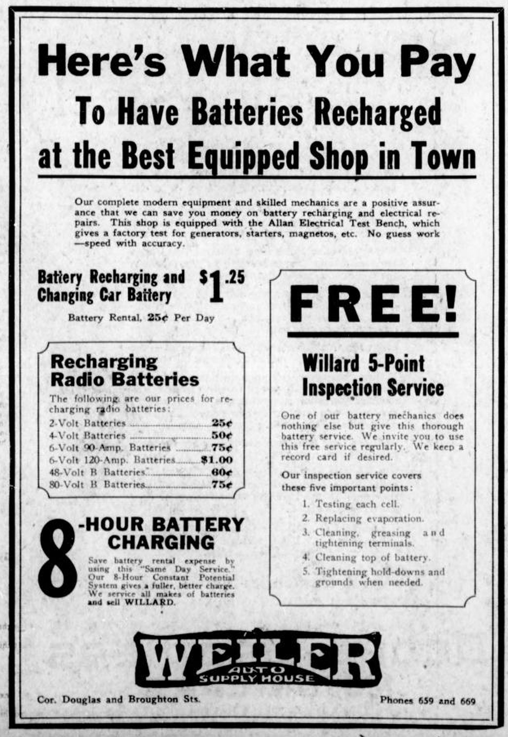 1926 advertisement for Weiler Auto Supply House, 1000-1012 Douglas Street, at Broughton Street (Victoria Online Sightseeing Tours collection)
