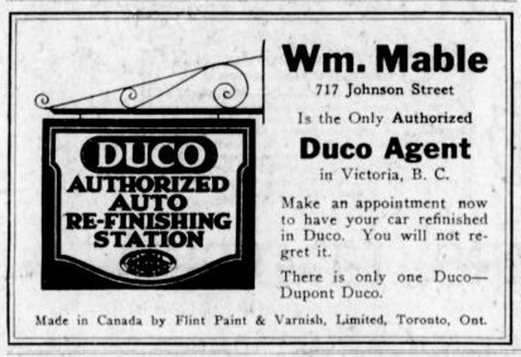 1926 advertisement for William Mable, 717 Johnson Street. showing the former Mable carriage making business changed into auto body work. (Victoria Online Sightseeing Tours collection)