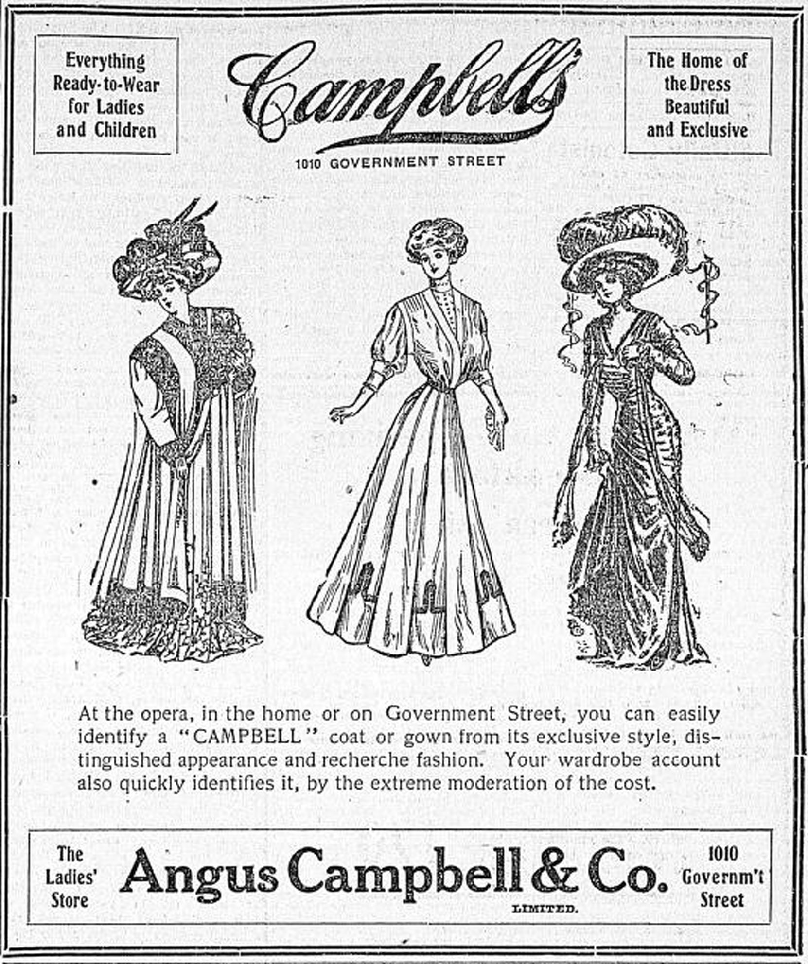 1908 advertisement for Angus Campbell & Co., 1010 Government Street (Victoria Online Sightseeing Tours collection)