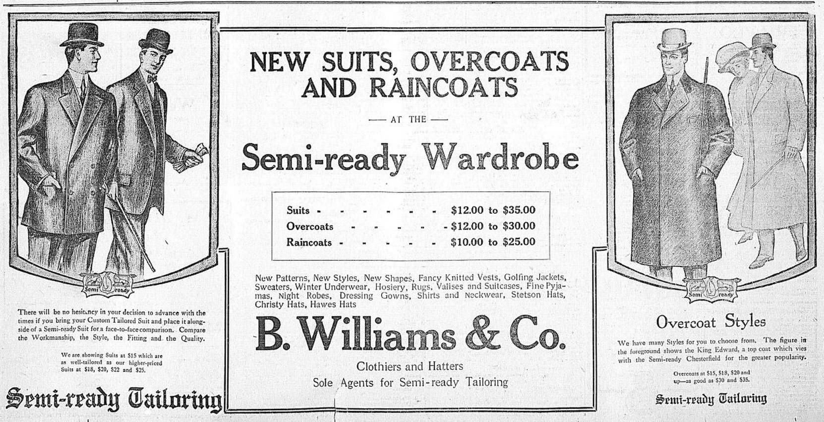 1908 advertisement for B. Williams & Co., Clothiers & Hatters, 614 Yates Street (Victoria Online Sightseeing Tours collection)