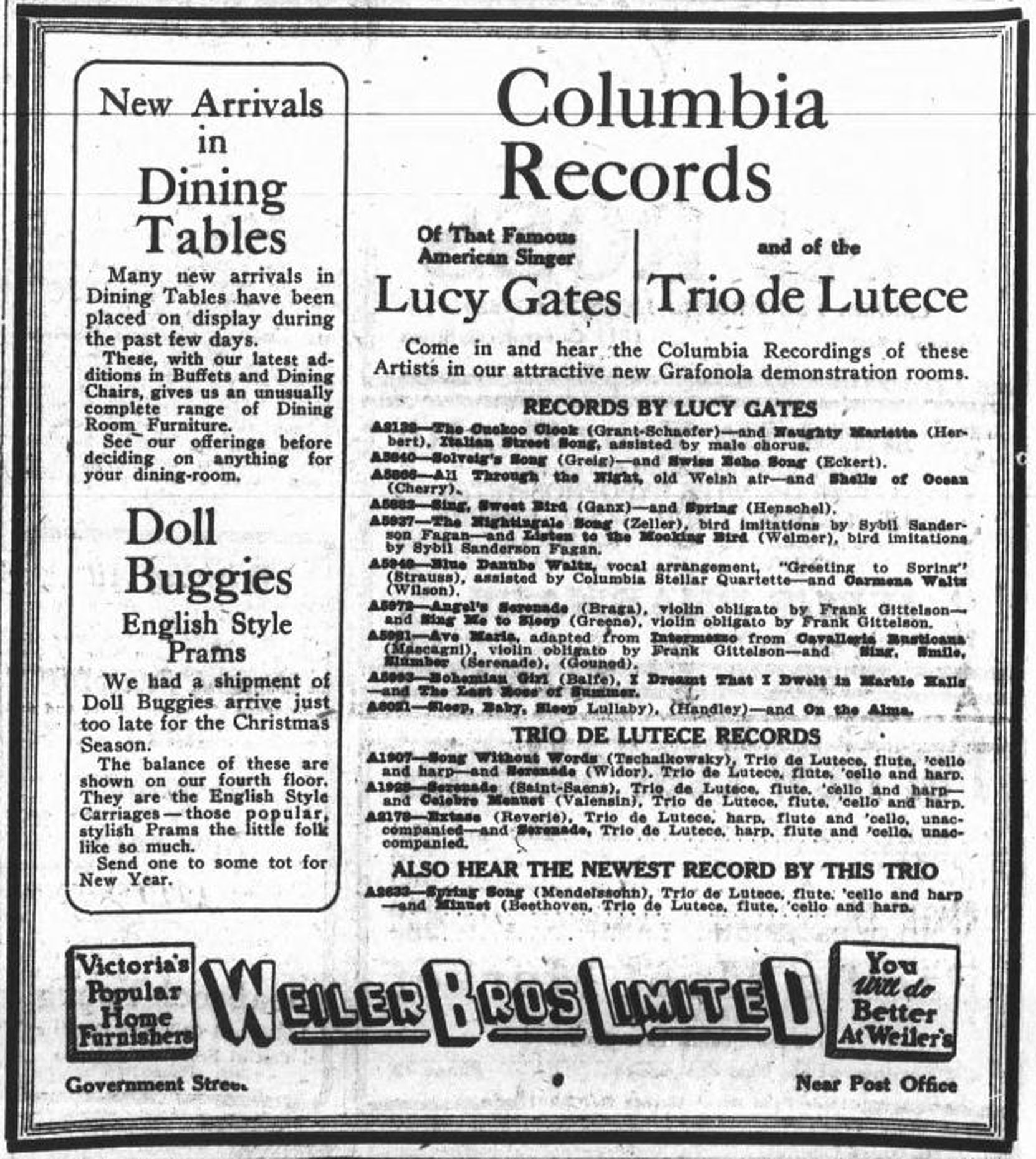 1919 advertisement for Columbia Records at Weiler Brothers, 921 Government Street (Victoria Online Sightseeing Tours collection)