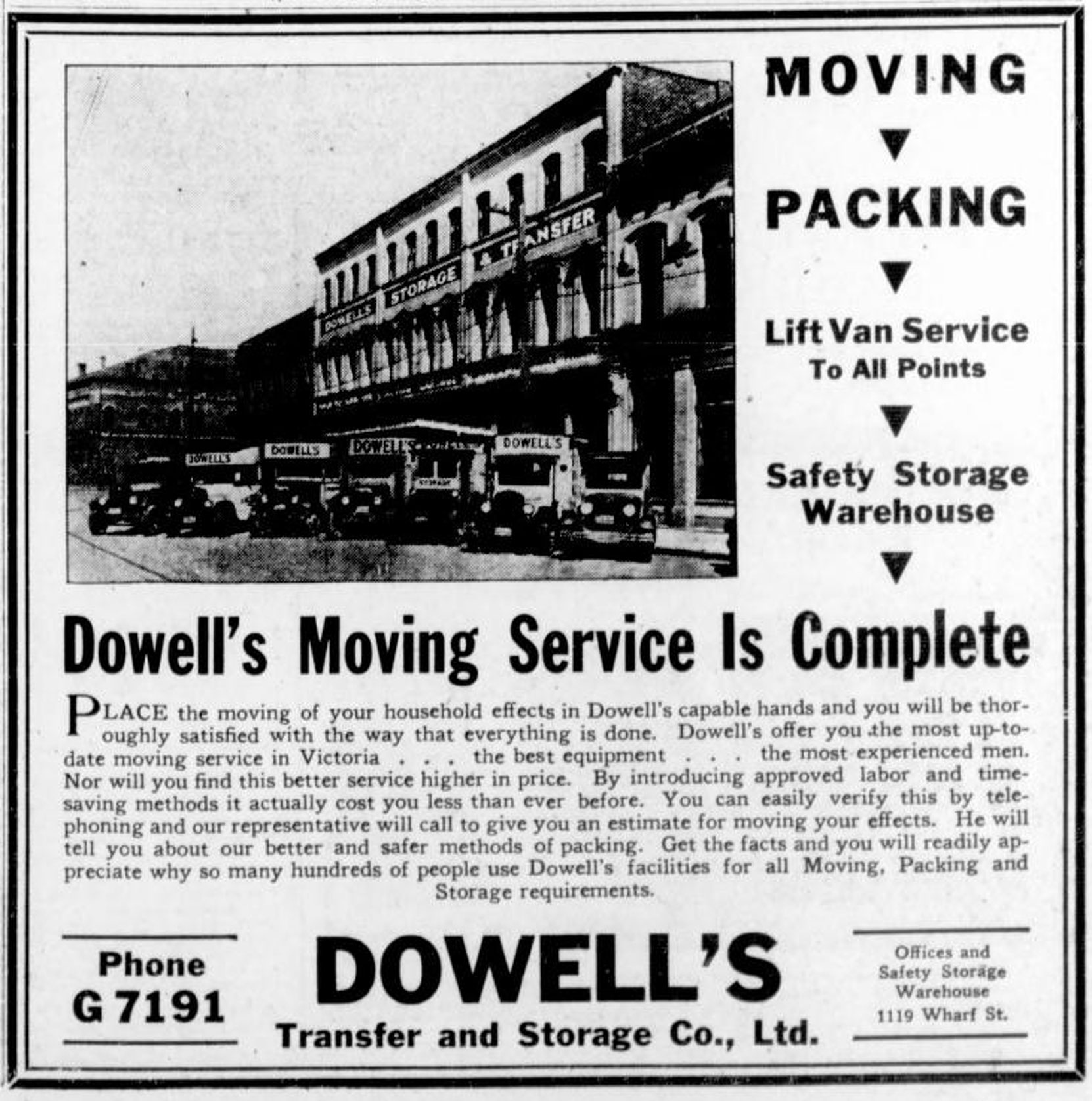 1933 advertisement for Dowell's Transfer & Storage Co., based in the Rithet Building, 1117-1125 Wharf Street (Victoria Online Sightseeing Tours collection)