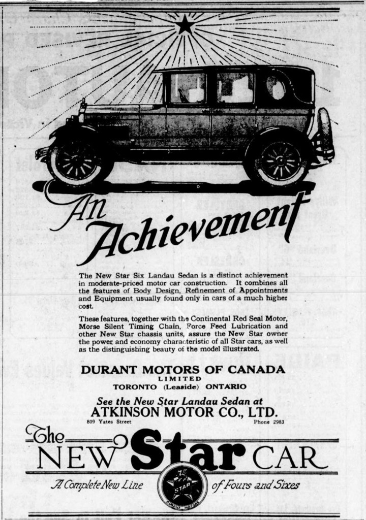 1926 advertisement for Durant Motors of Canada, sold by Atkinson Motor Company, 809 Yates Street in downtown Victoria. (Victoria Online Sightseeing Tours Inc. collection)