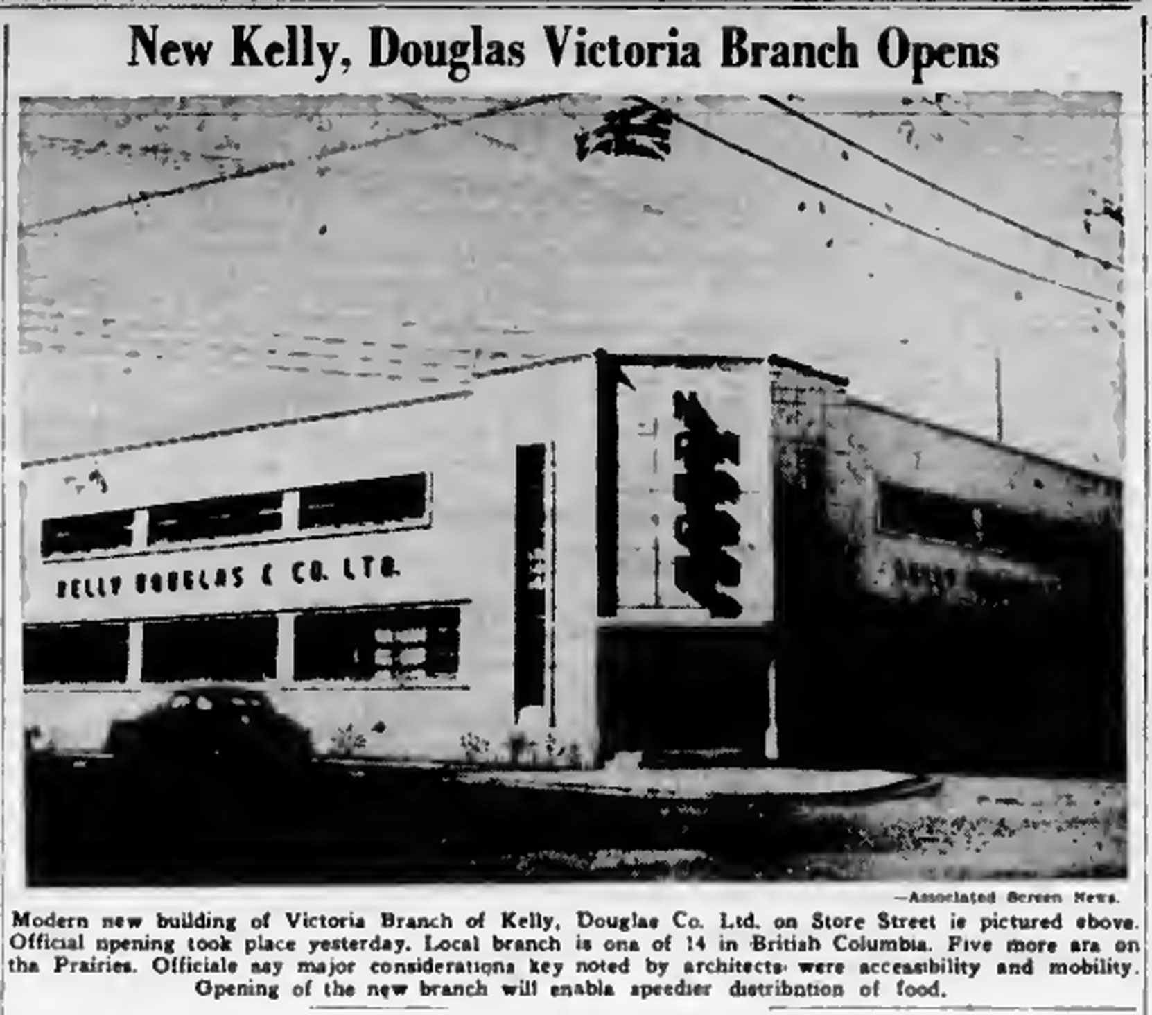1947 newspaper photo of the then newly opened Kelly Douglas & Co. Ltd. office and warehouse at 1810 Store Street.