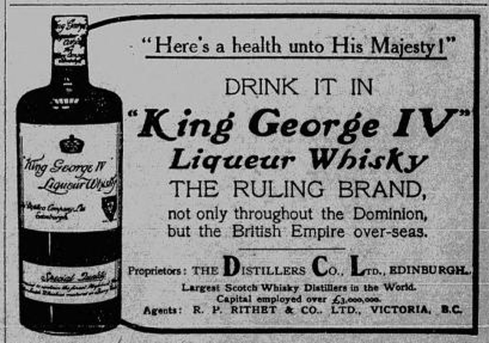 1911 advertisement for King George IV Liqueur Whisky and its Victoria distributor, R.P. Rithet & Co., based in the Rithet Building on Wharf Street in downtown Victoria. (Victoria Online Sightseeing Tours Inc. collection)