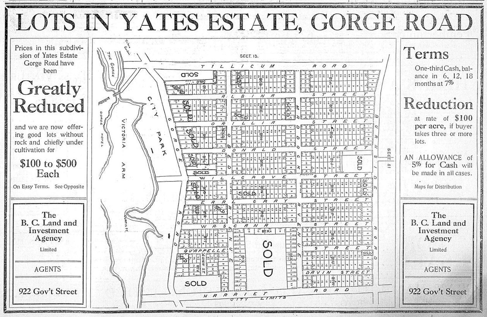 1908 advertisement for Yates Estate subdivision, bordered by Gorge Road, Harriet Road, Tillicum Road and Burnside Road. (Victoria Online Sightseeing Tours Inc. collection)