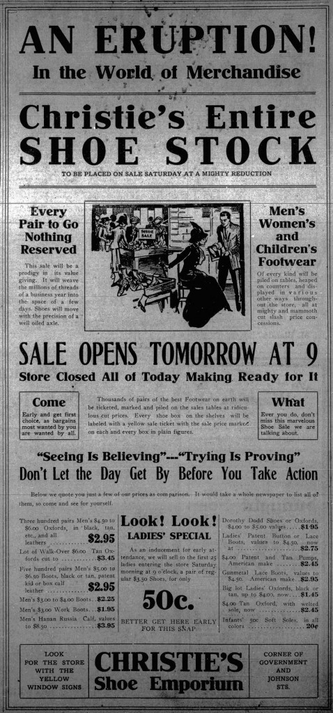 1912 advertisement for Christie's Shoe Emporium, 1328 Government Street. (Victoria Online Sightseeing Tours collection)