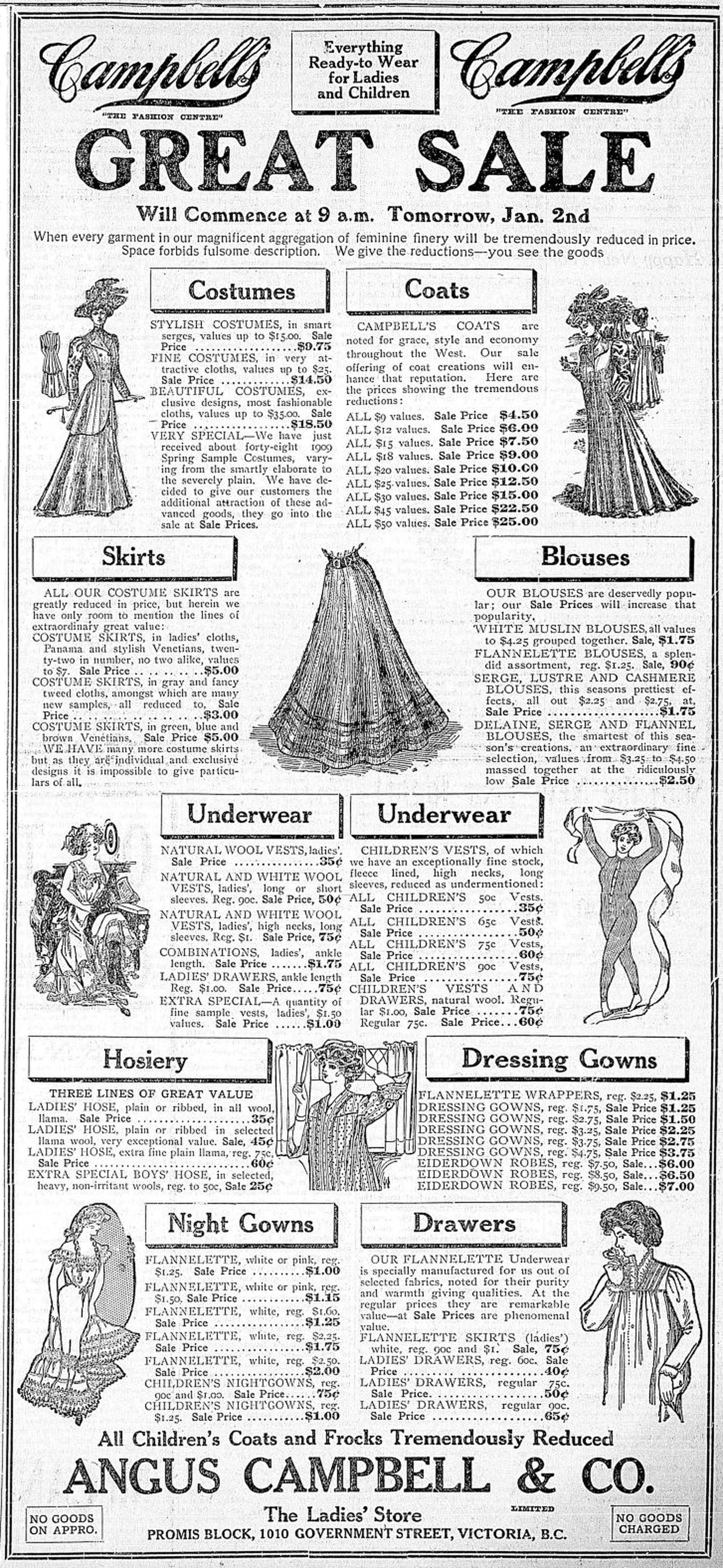 1909 advertisement for Angus Campbell & Co., a women's clothing store located at 1010 Government Street for several decades. (Victoria Online Sightseeing Tours collection)