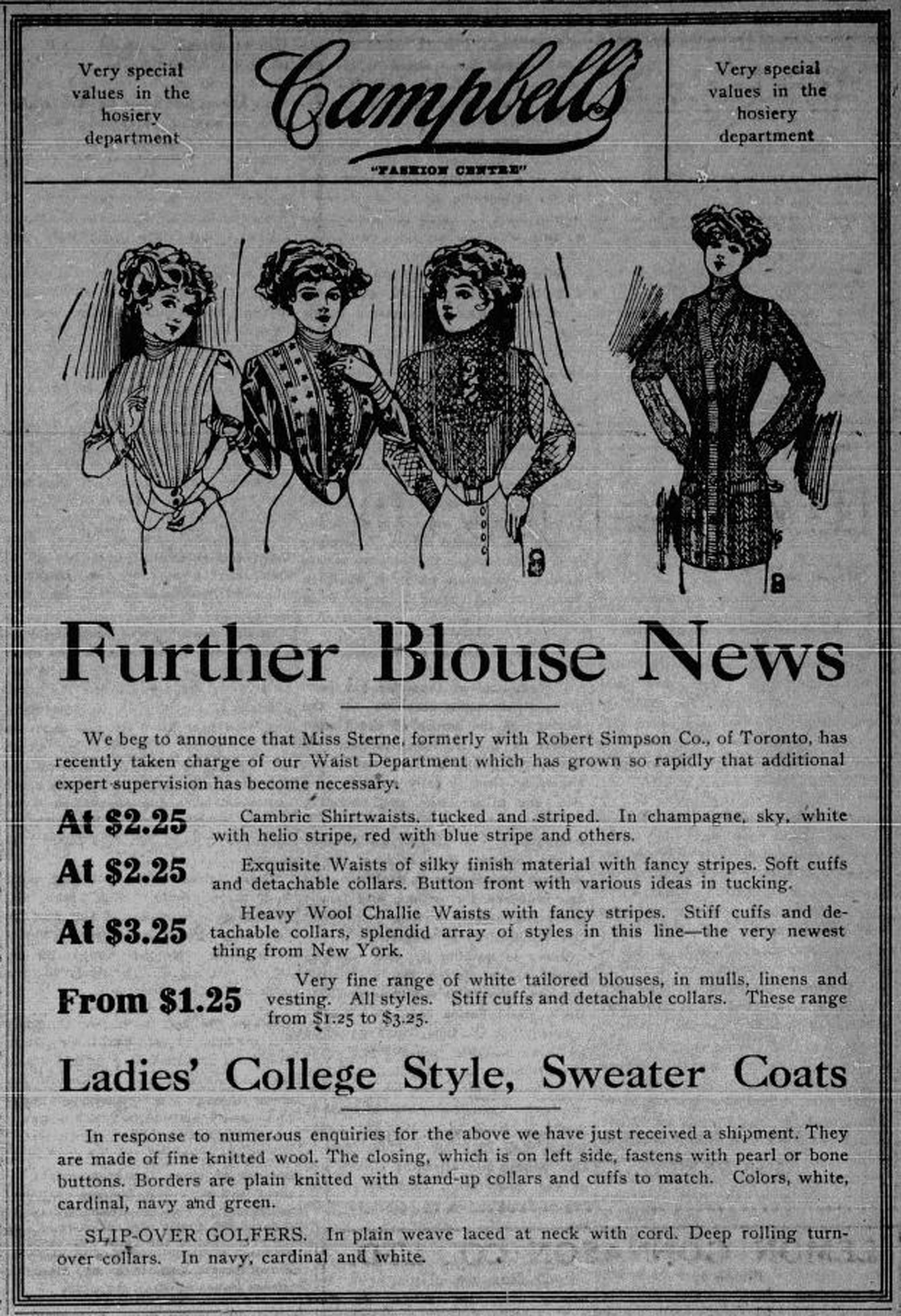 1911 advertisement for Angus Campbell, a women's clothing store located at 1010 Government Street for several decades. (Victoria Online Sightseeing Tours collection)