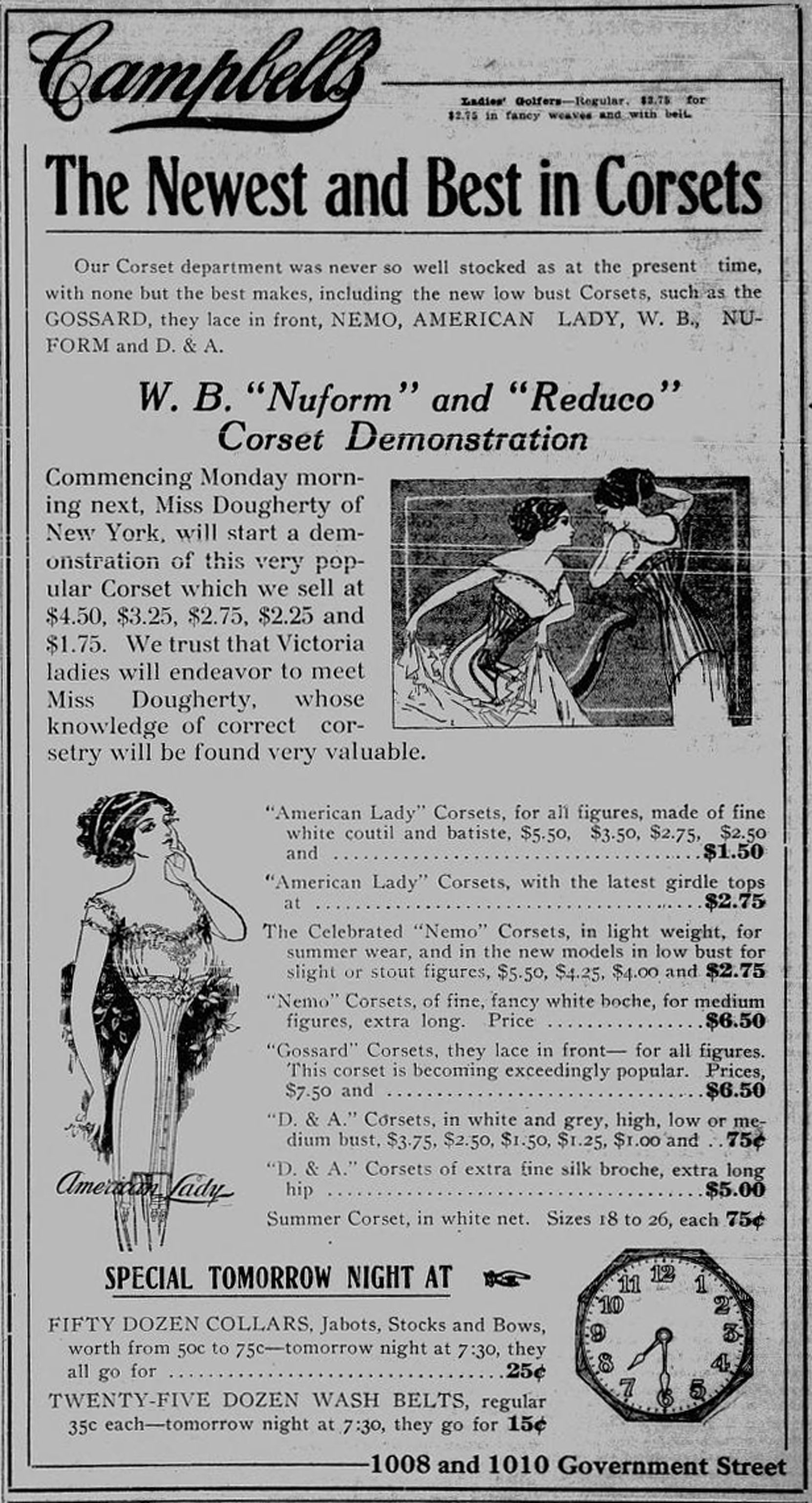 1911 advertisement for corsets by Angus Campbell, a women's clothing store located at 1010 Government Street for several decades. (Victoria Online Sightseeing Tours collection)