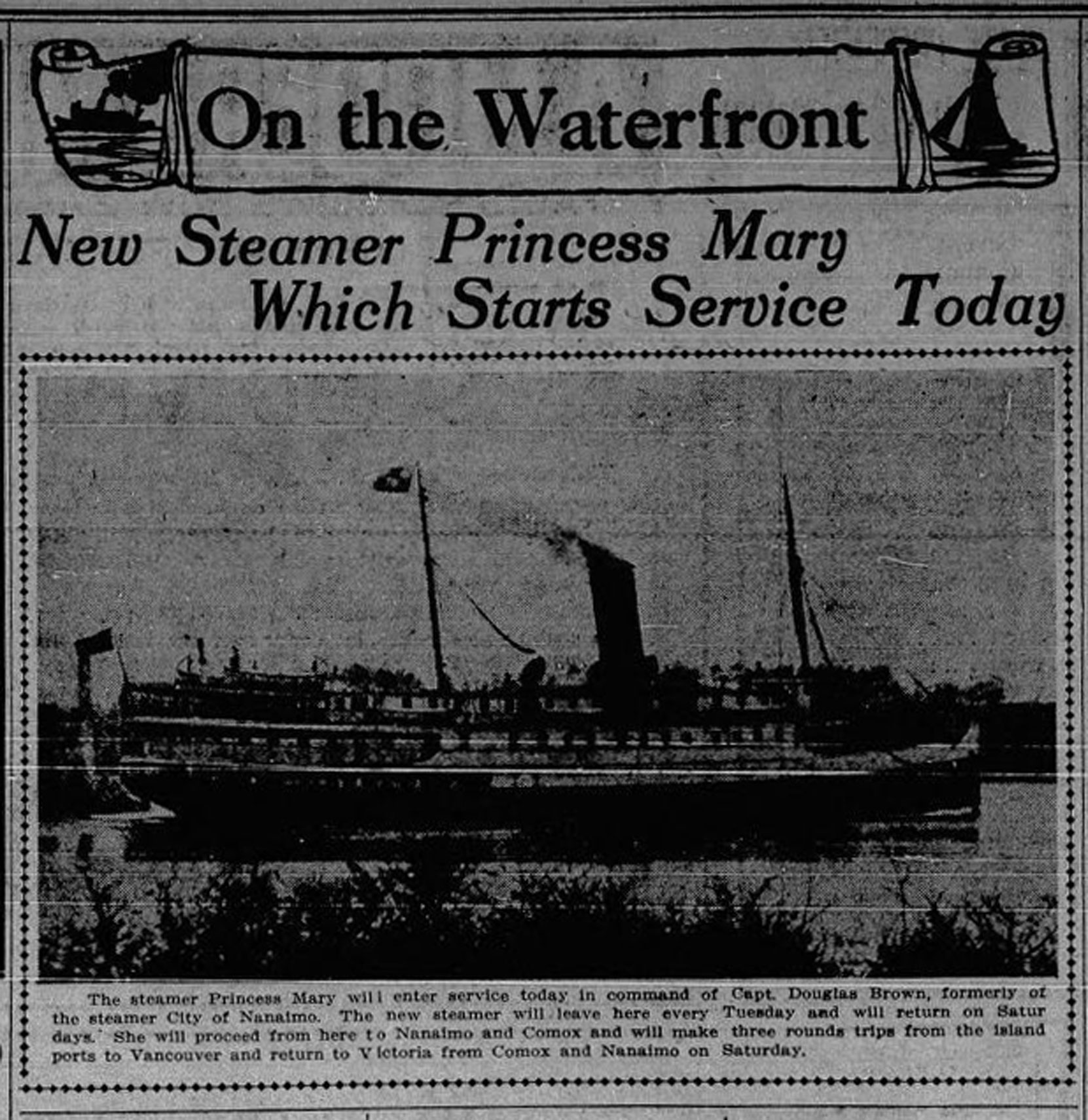 B.C. Coast Service Princess Mary first voyage, 1911. Ticket office, 1102 Government Street. (Victoria Online Sightseeing Tours collection)