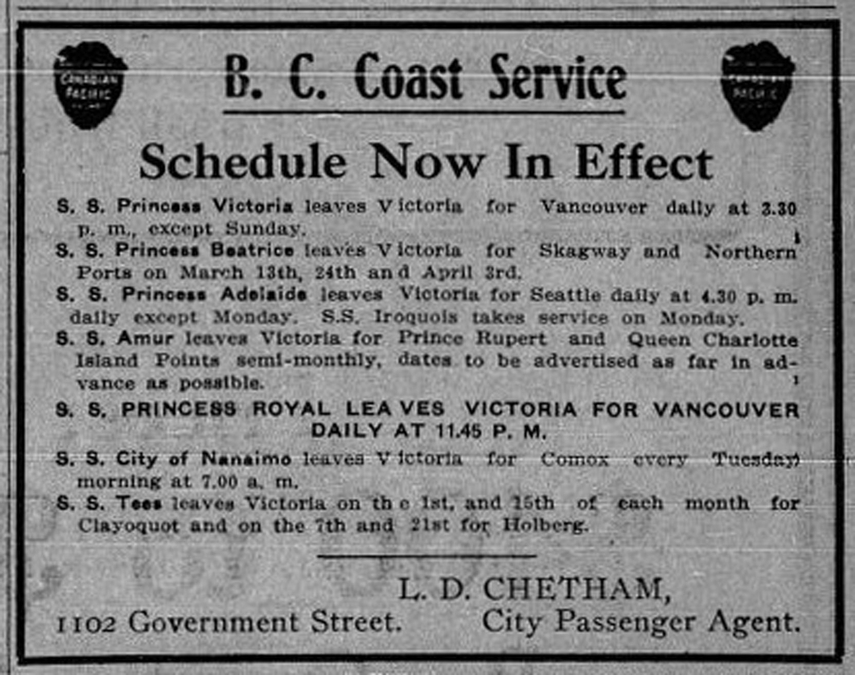 B.C. Coast Service schedule, 1911. Ticket office, 1102 Government Street. (Victoria Online Sightseeing Tours collection)