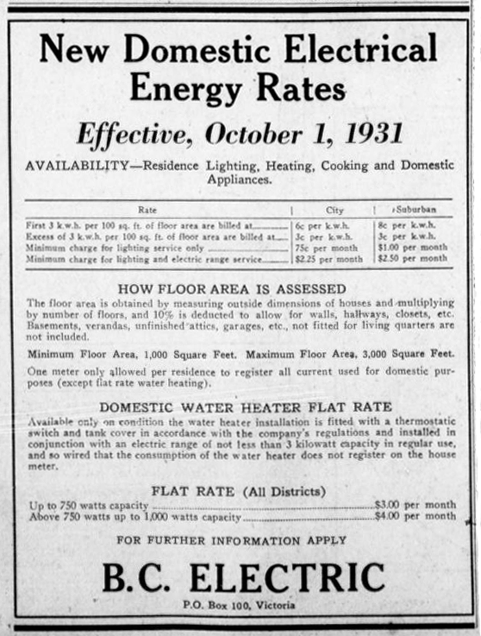 1931 advertisement for B.C. Electric showing household electricity rates (Victoria Online Sightseeing Tours collection)