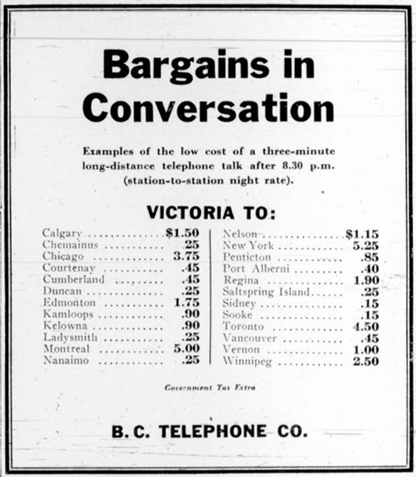 1935 advertisement for B.C. Telephone Company showing long distance rates from Victoria to other cities (Victoria Online Sightseeing Tours collection)