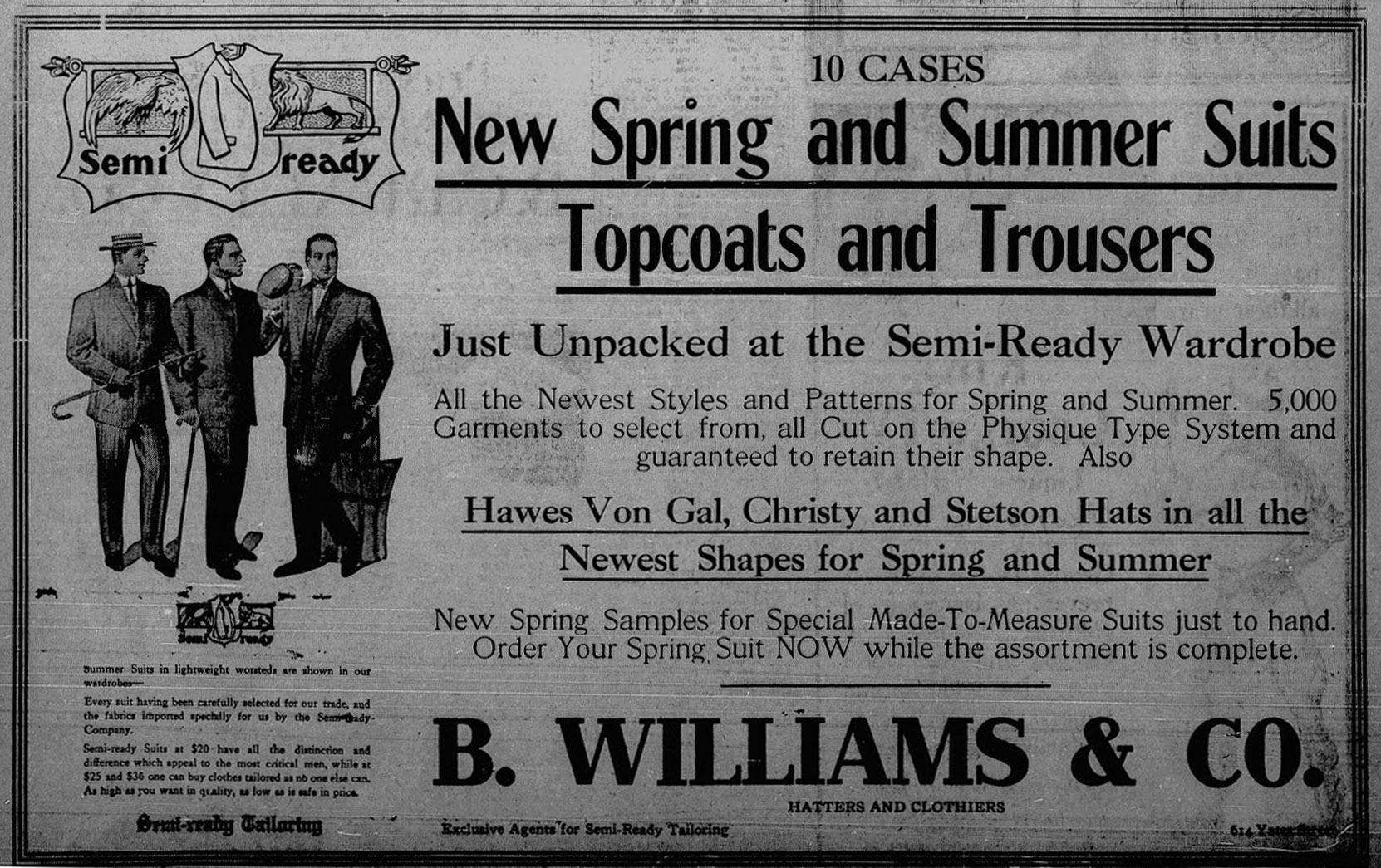 1911 advertisement for B. Williams & Co., Clothiers & Hatters, 614 Yates Street (Victoria Online Sightseeing Tours collection)