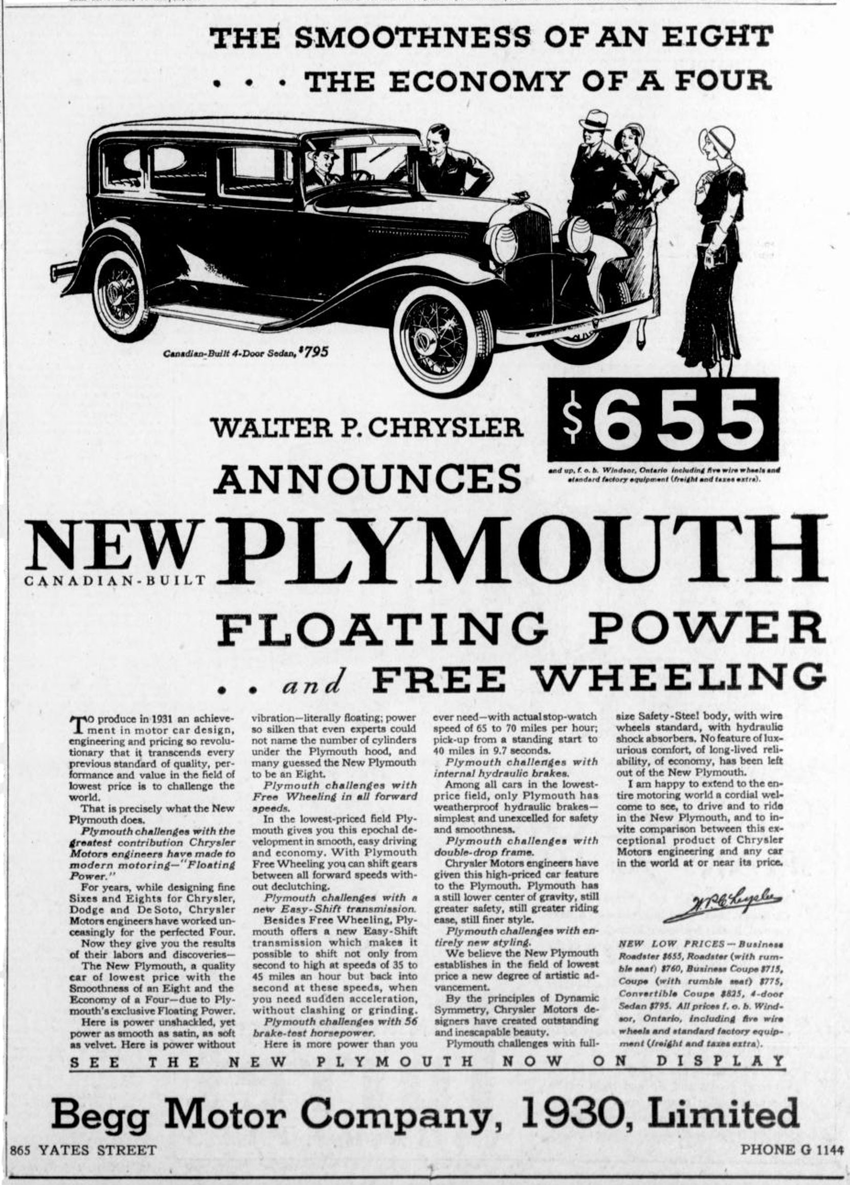 1931 advertisement for Plymouth, by the Begg Motor Company Ltd, 865 Yates Street Victoria Online Sightseeing Tours collection)