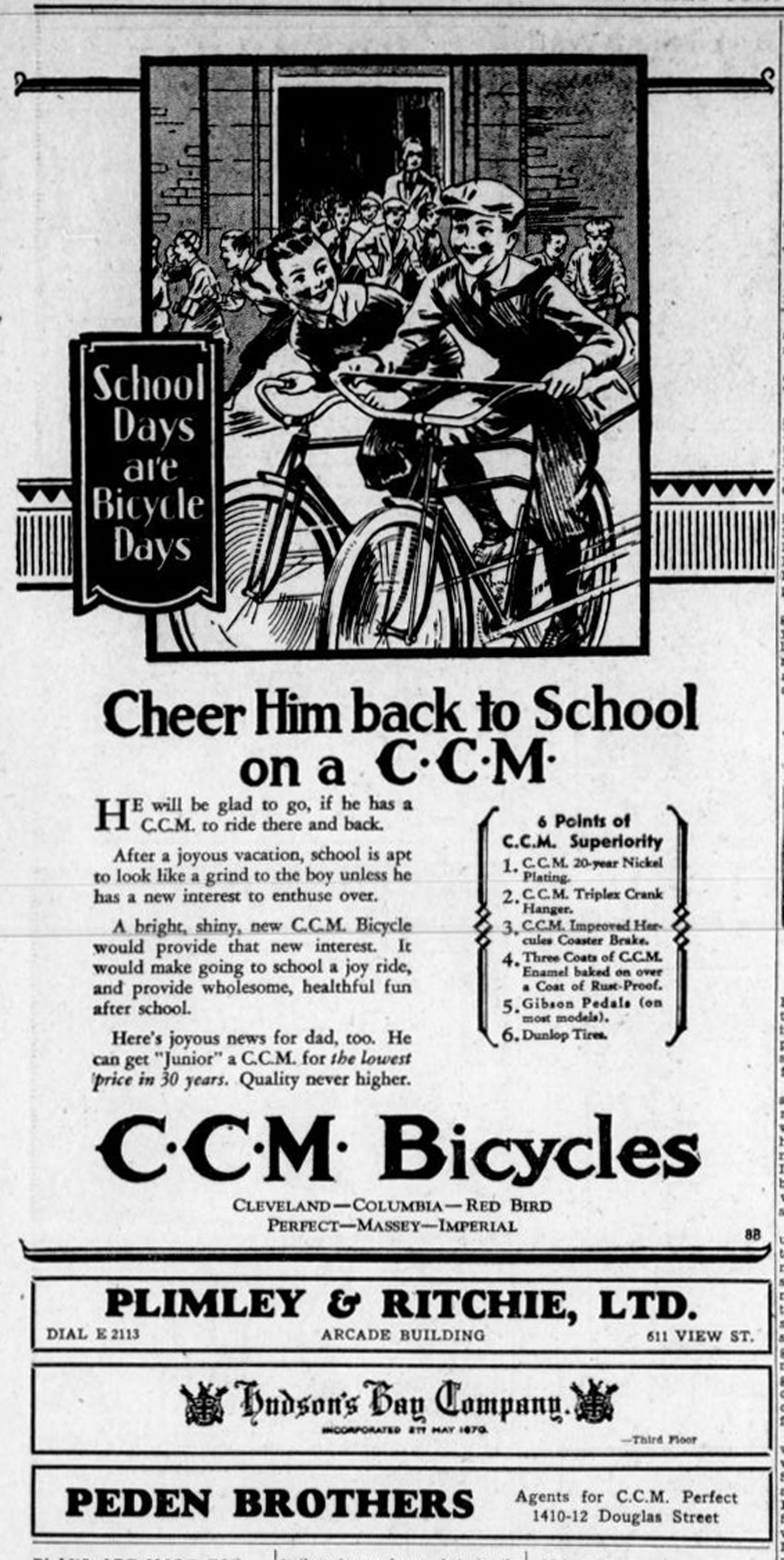 1931 advertisement for CCM Bicycles, available in Victoria at Hudson's Bay Co., 1701 Douglas Street, Plimley & Ritchie in the (now demolished) Arcade Building and Peden Brothers, 1410-1412 Douglas Street. (Victoria Online Sightseeing Tours collection)