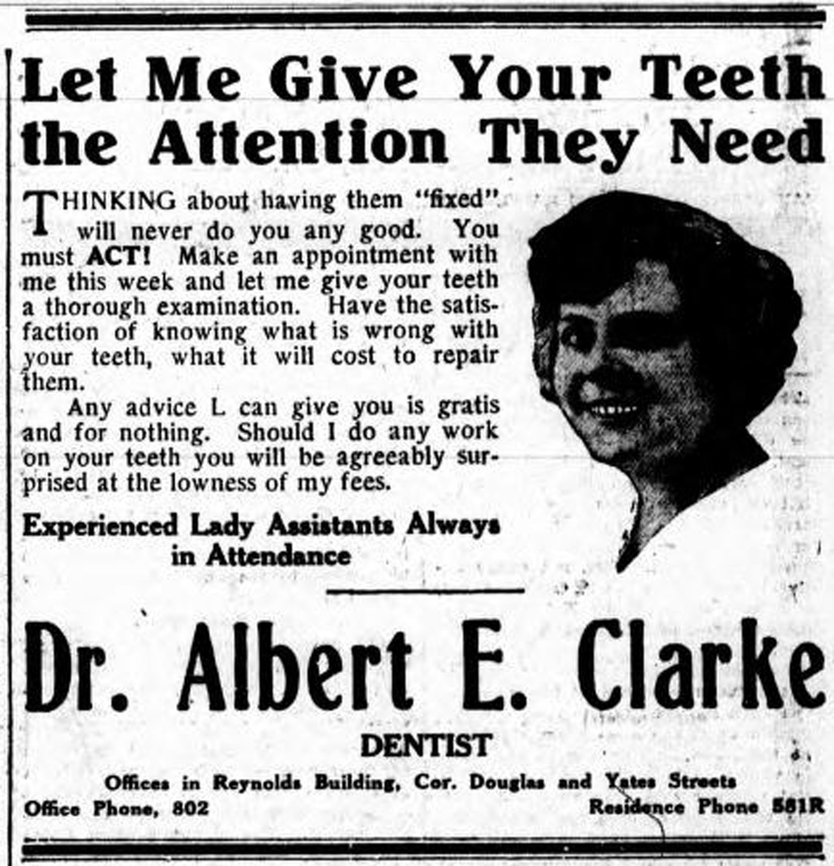 1917 advertisement for Dr. Albert E. Clarke, Dentist, located in the Reynolds Building, 1300-1306 Douglas Street (Victoria Online Sightseeing Tours collection)