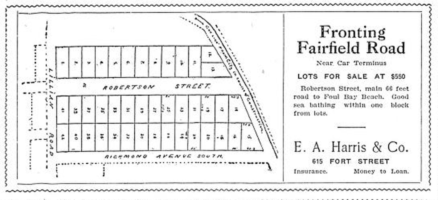 1909 advertisement for subdivided lots on Fairfield Road, Richmond Avenue and Robertson Street (Victoria Online Sightseeing collection)