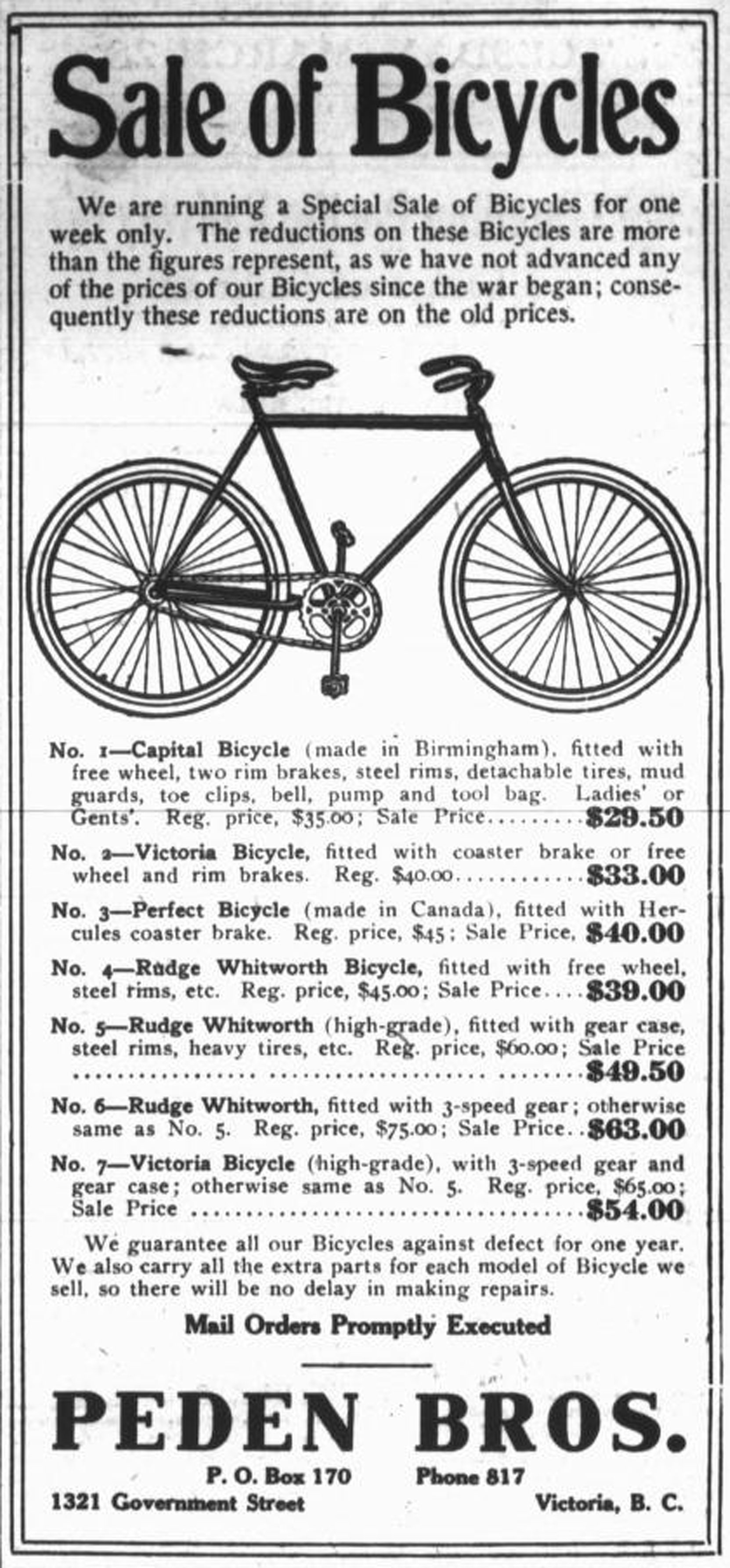 1916 advertisement for bicycles at Peden Brothers, 1321 Government Street (Victoria Online Sightseeing Tours collection)