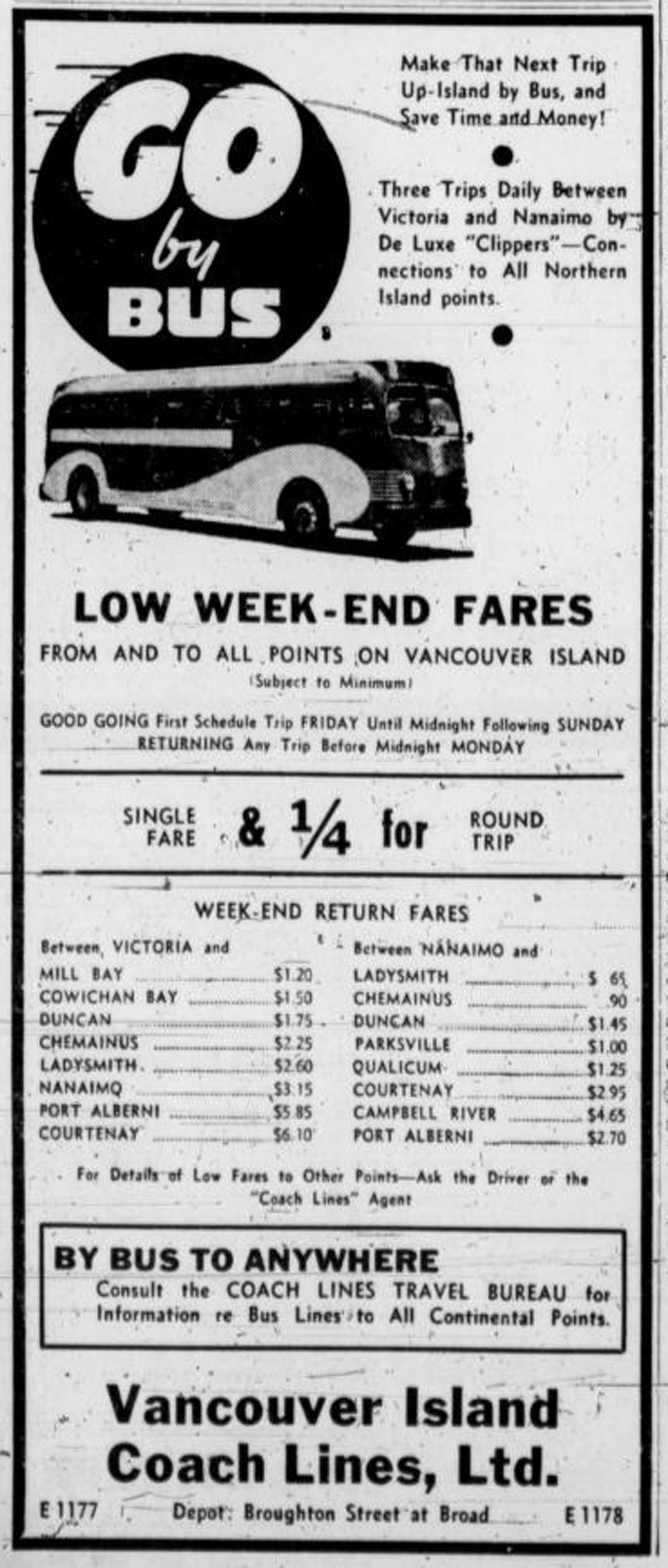 1940 advertisement for Vancouver Island Coach Lines, showing fares between Victoria and other Vancouver Island locations (Victoria Online Sightseeing Tours collection)